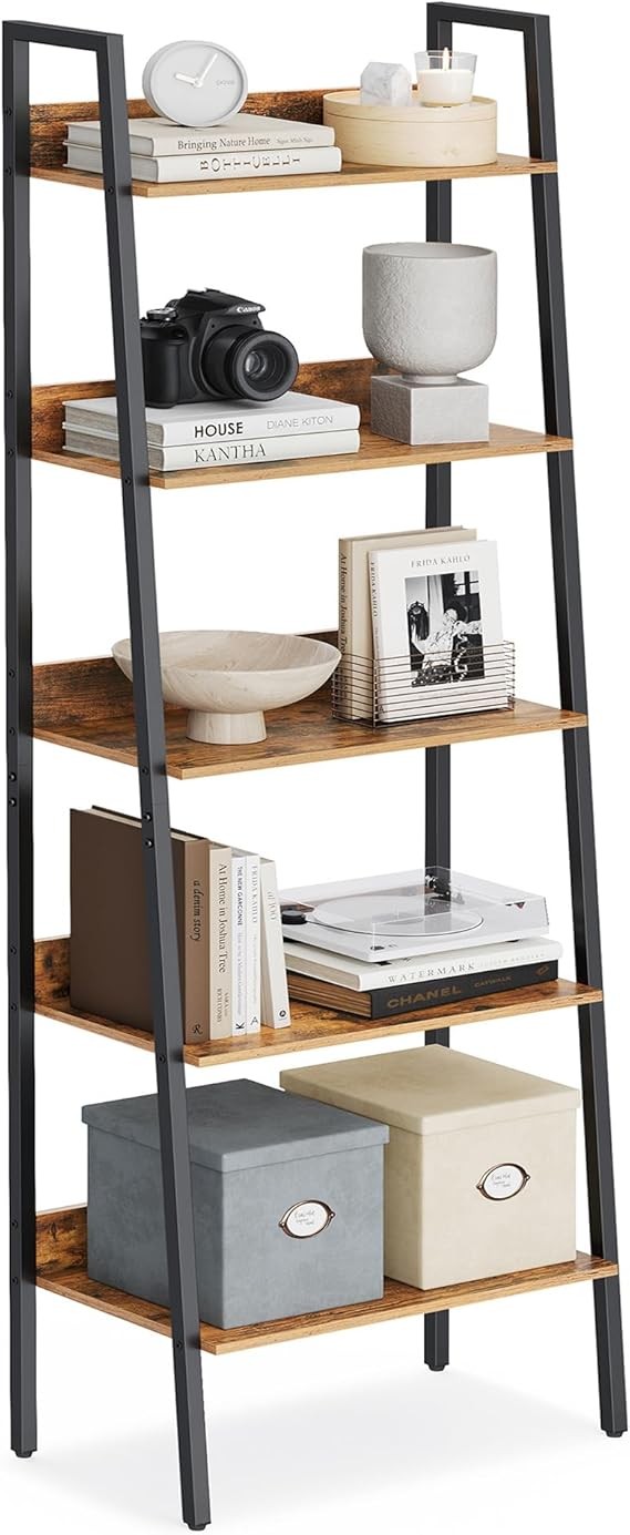 5-Tier Industrial Ladder Shelf Rustic Brown Metal Frame Freestanding Bookcase