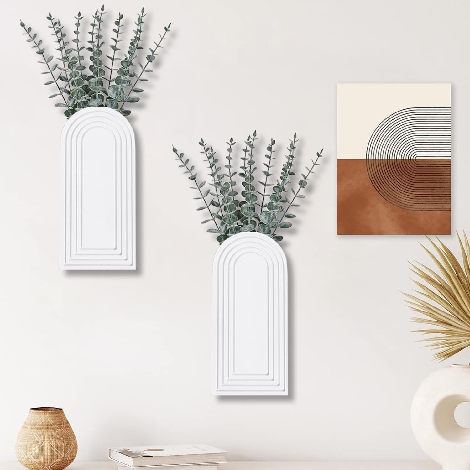 Modern Wall Wood Vase Set of 2 White Farmhouse Entryway Hanging Decor