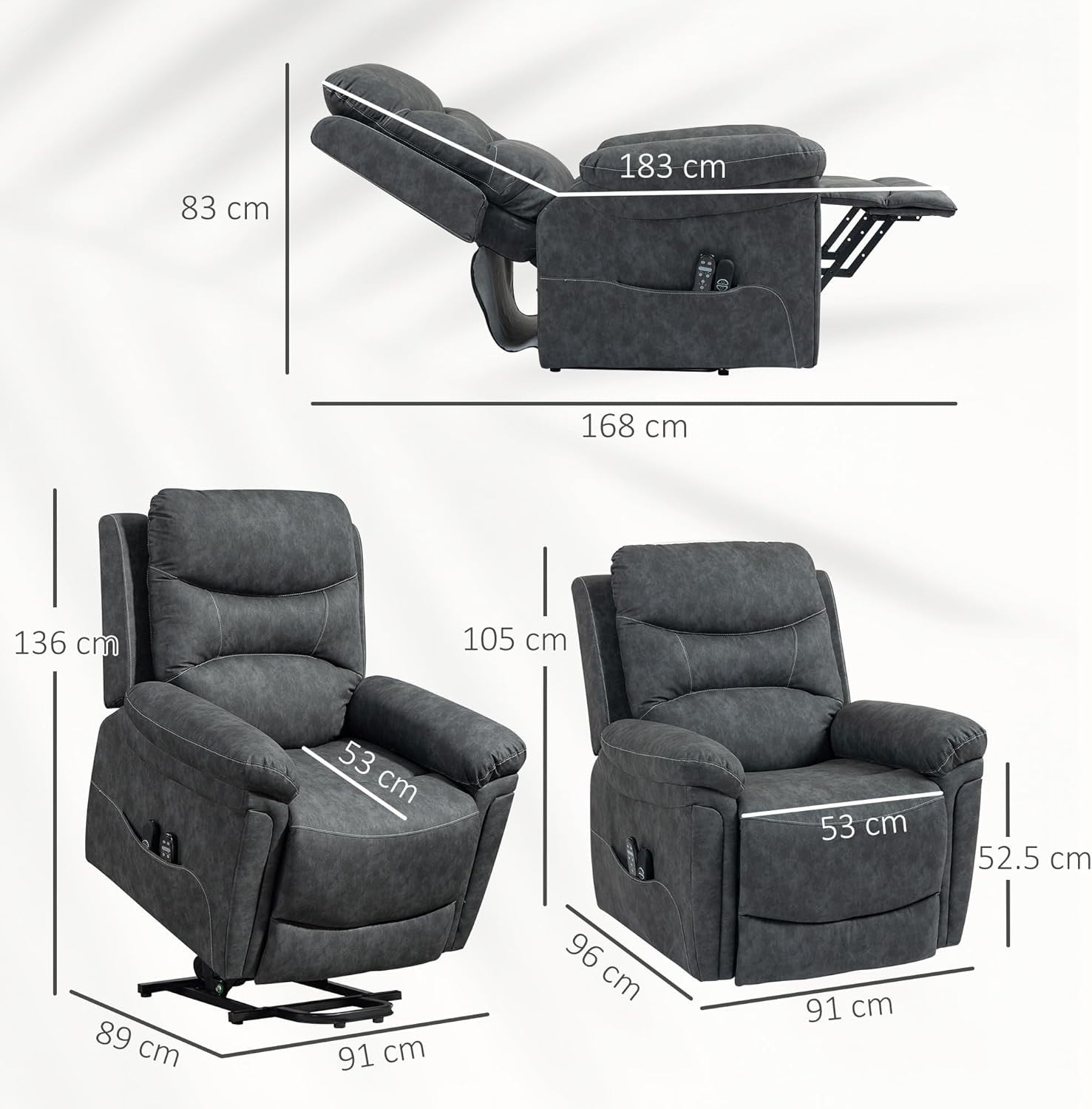 Power Lift Recliner Chair Massage Heat PU Leather USB Port Side Pockets Grey