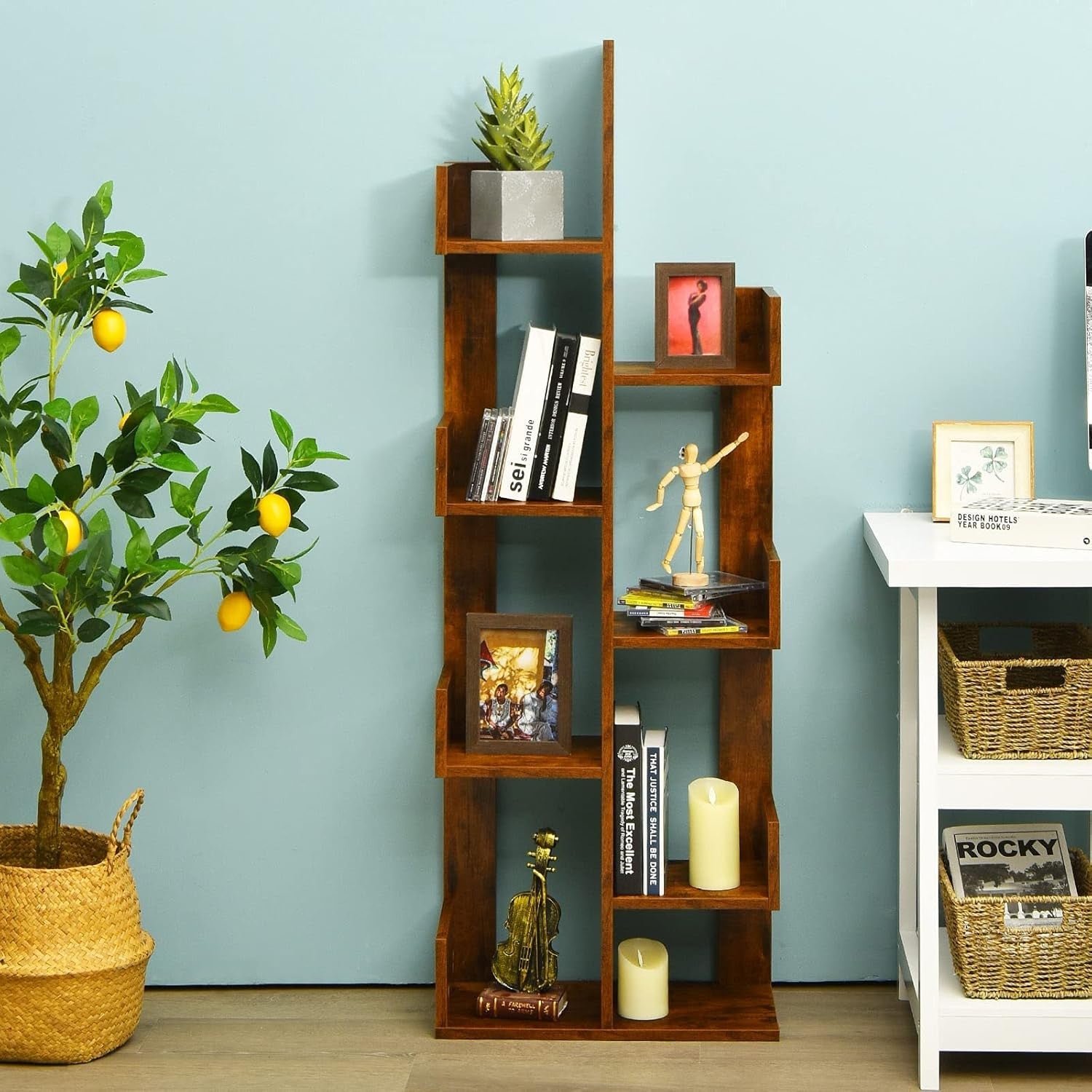 8-Tier Tree Bookshelf Free-Standing Storage Rack Modern Display Shelf Brown