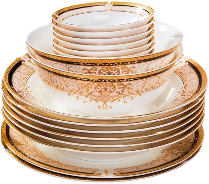60 Piece Luxury Porcelain Dinner Set Plates Bowls Spoons Tray Gold Trim