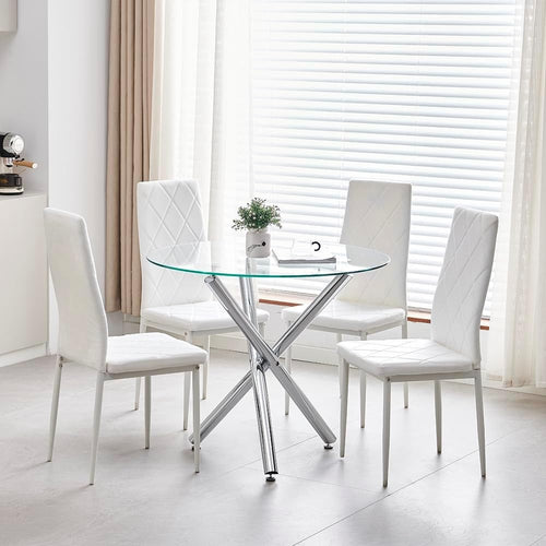 Round Glass Dining Table Set with 4 White Velvet Chairs – Modern Comfort