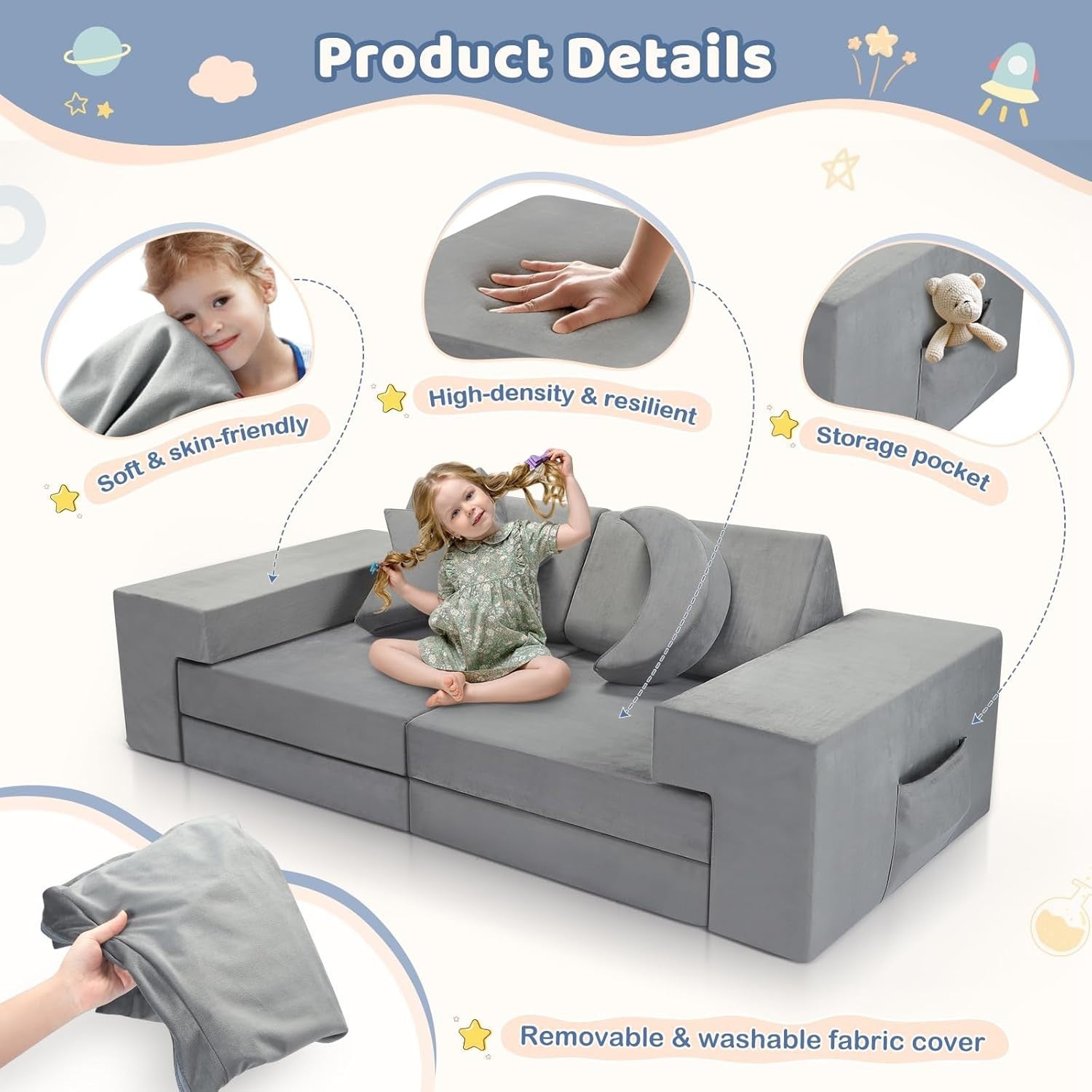 Modular Kids Sofa Set 9-Piece Foam Blocks, Foldable 2-Seater, Soft & Washable