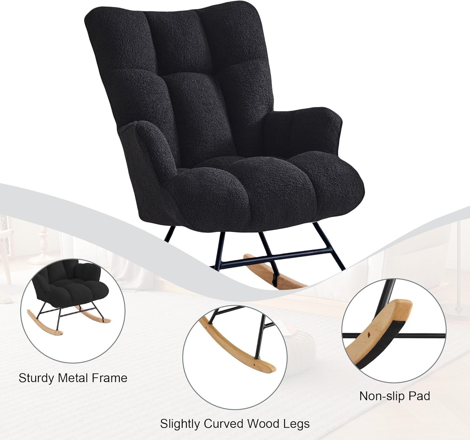 Rocking Chair Nursery Glider Comfy Armchair High Back Padded Seat Black Teddy