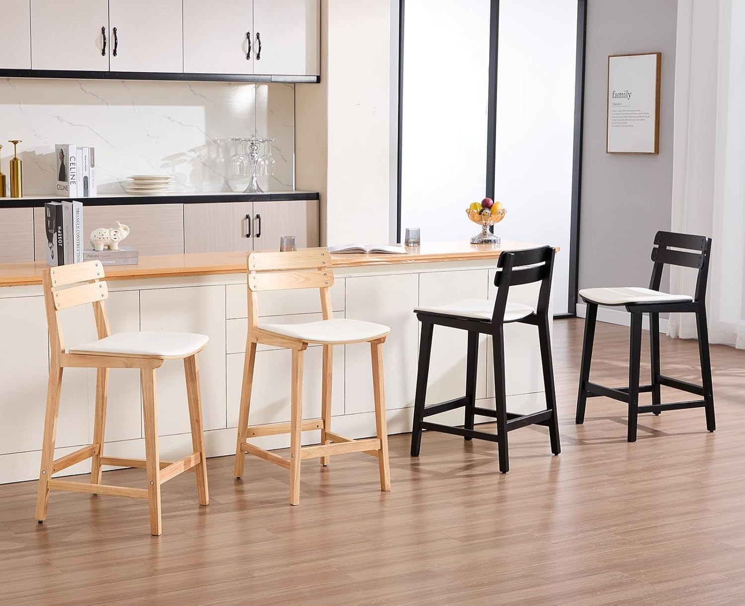Wood Bar Stools Set of 2 Beige PU Leather Farmhouse Counter Chairs