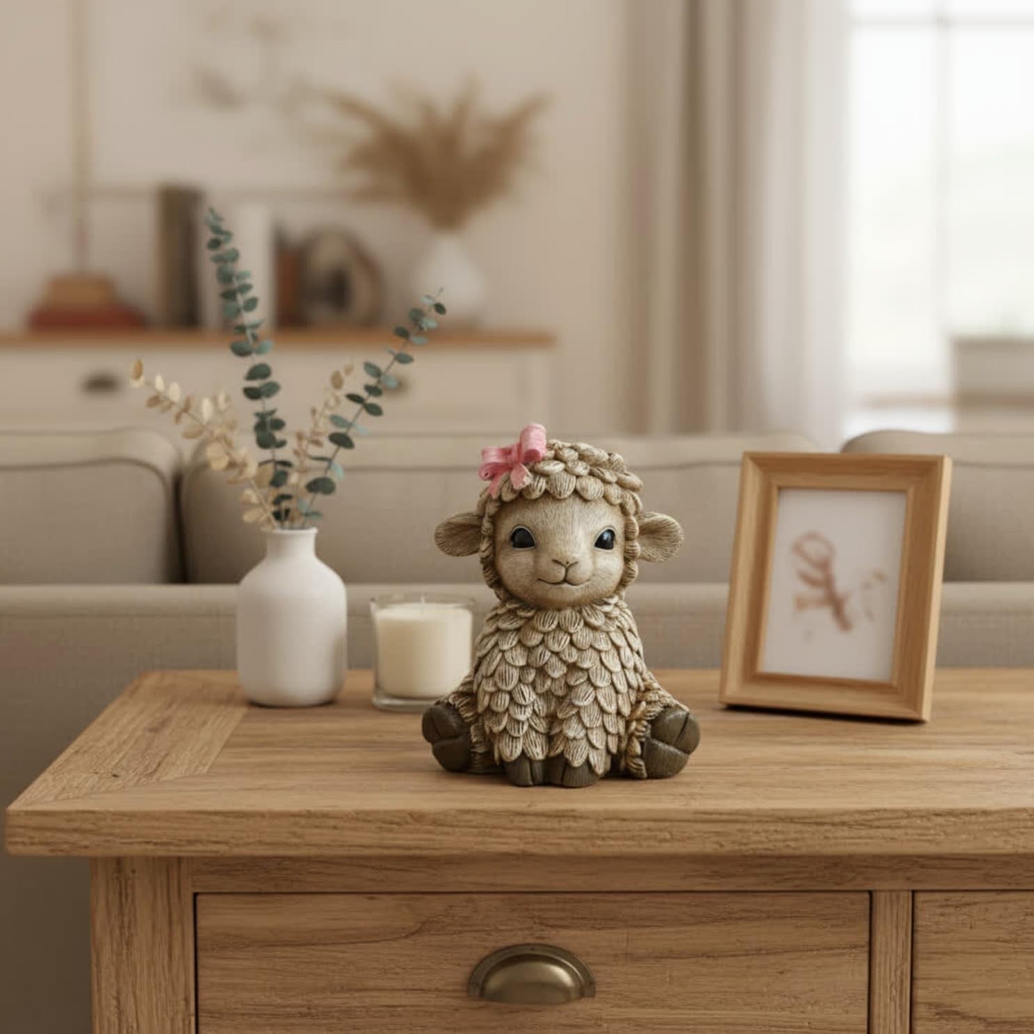 Cute Rustic Lamb Ornament with Pink Bow | Farmhouse Resin Sheep Figurine Gift