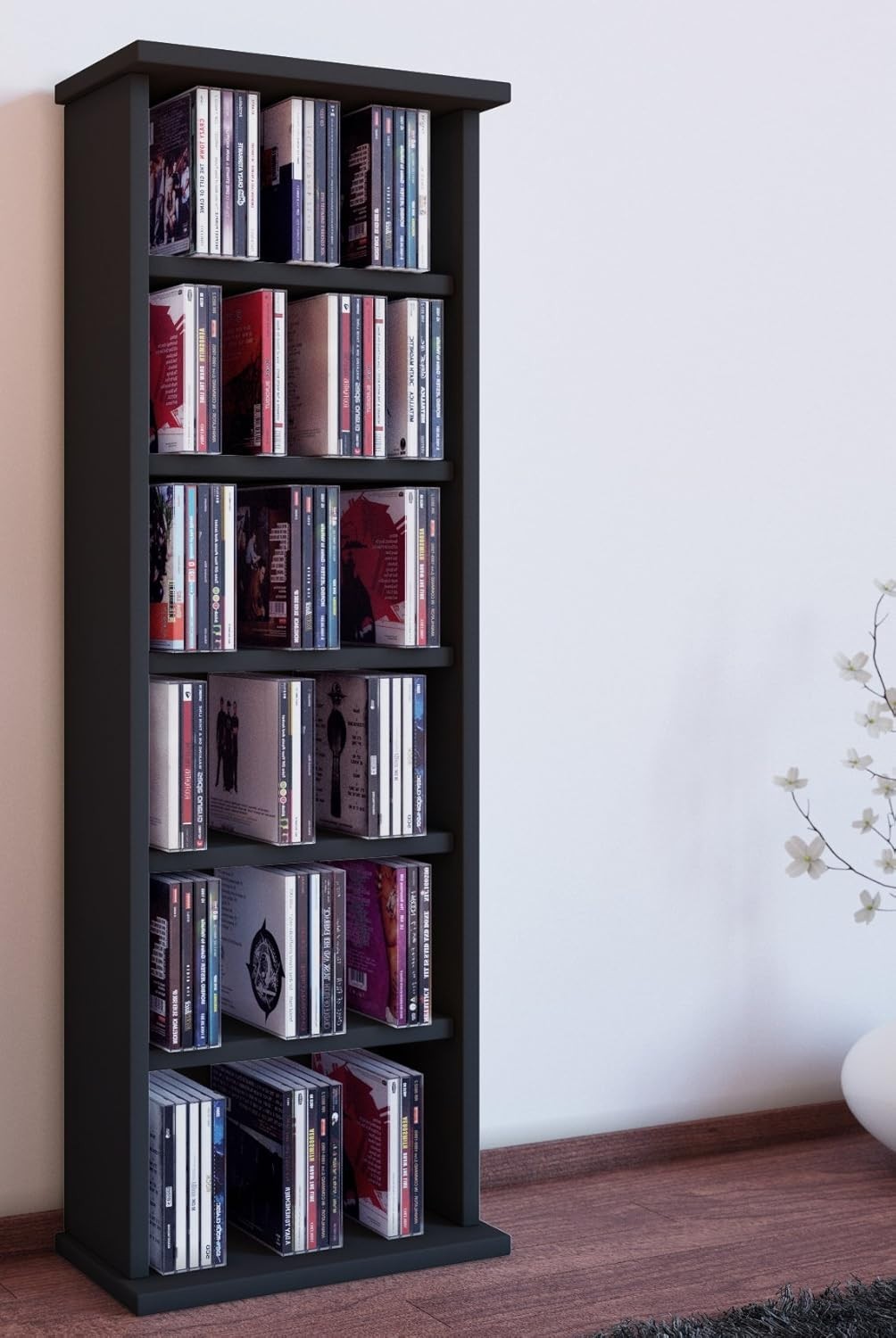 Black CD DVD Storage Tower Media Cabinet Holds 150 CDs 65 DVDs Shelf