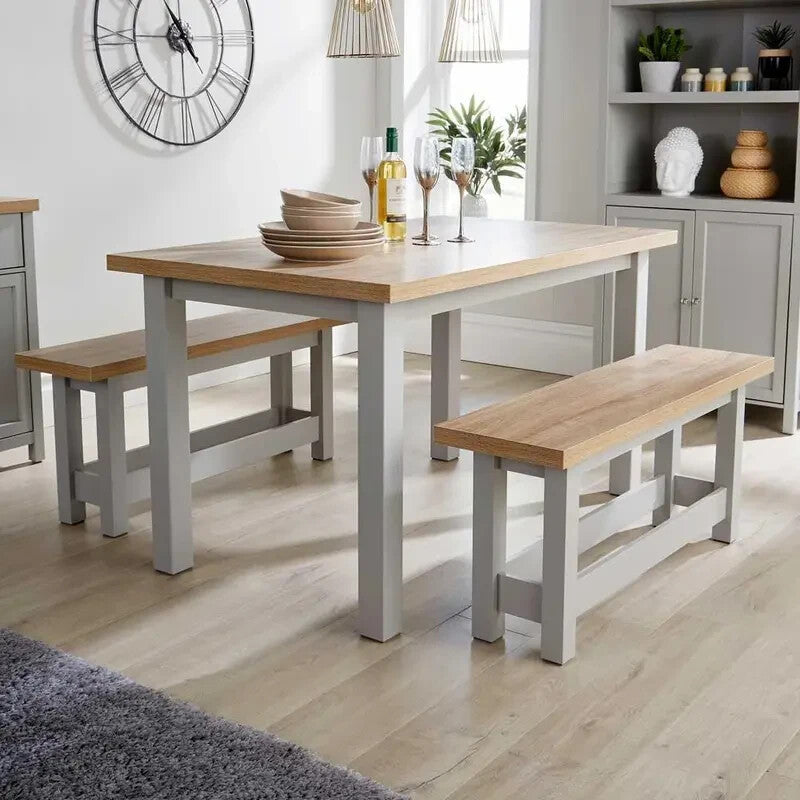 Oak Effect Dining Table & 2 Bench Set Grey Painted MDF Compact Kitchen Set