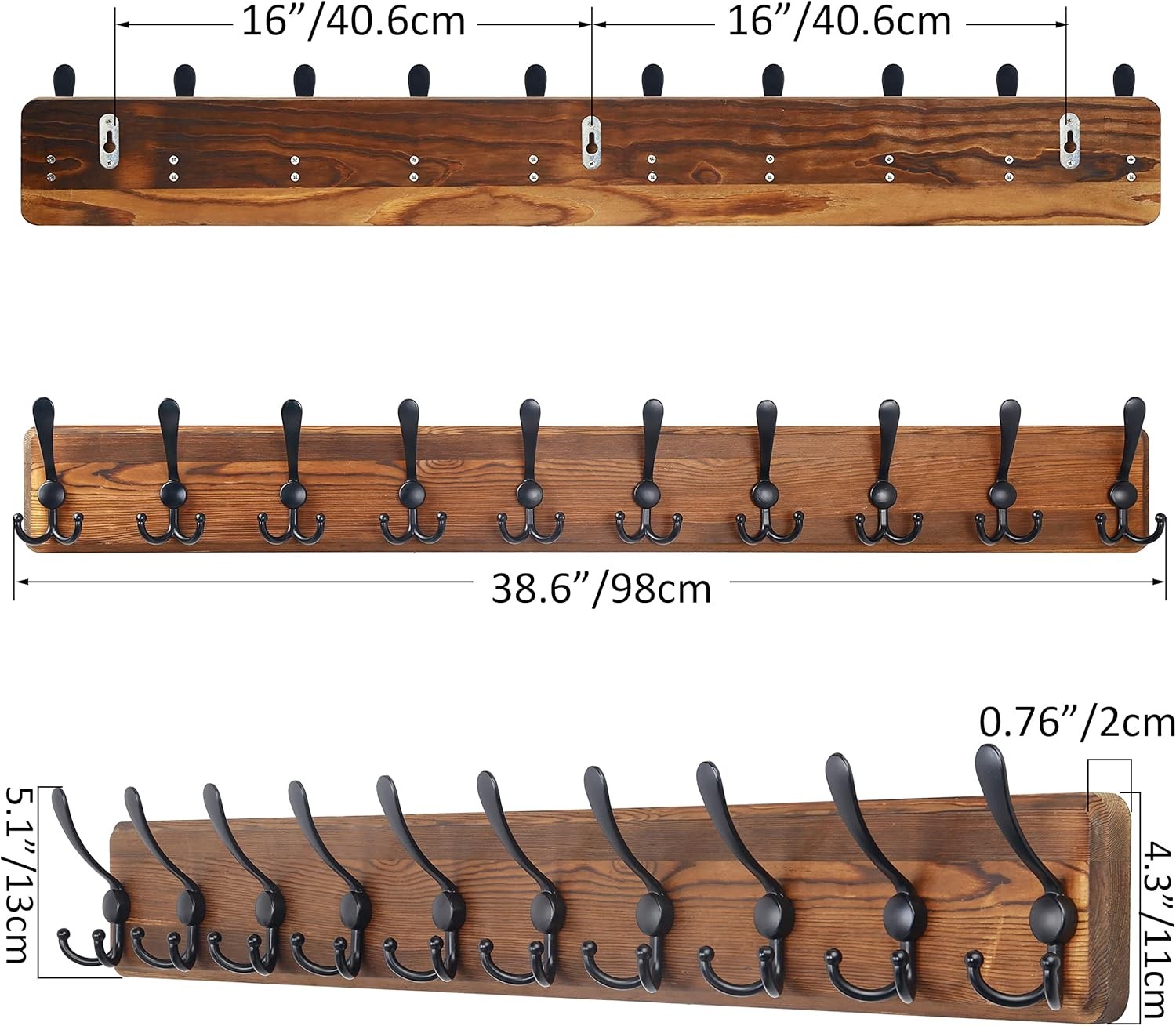 Rustic Wooden Wall Mounted Coat Rack 38" | Heavy Duty 10 Hook Farmhouse Organize