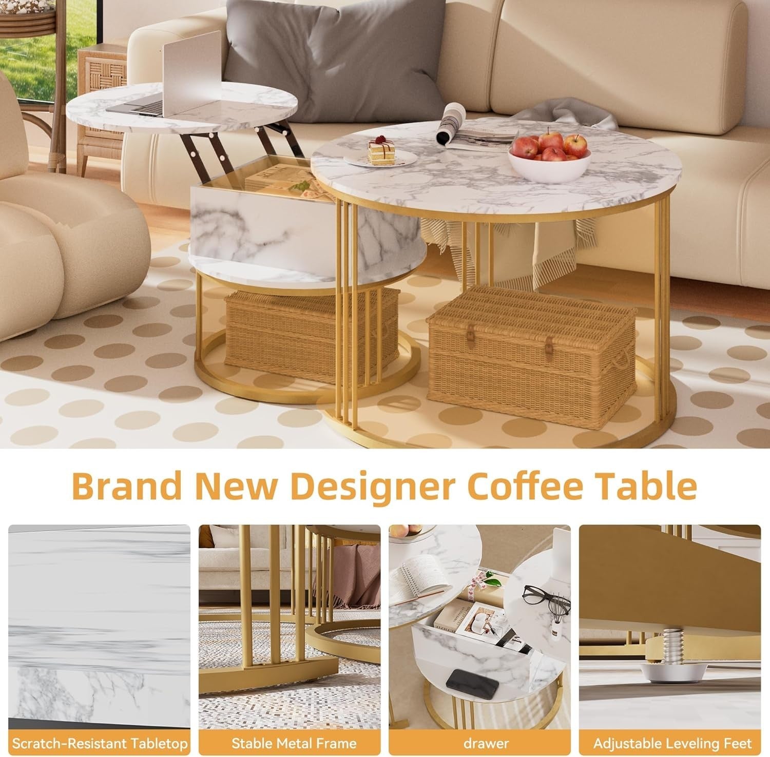 Marble Nesting Coffee Table Set, Lift-Top Hidden Storage, Round End Tables