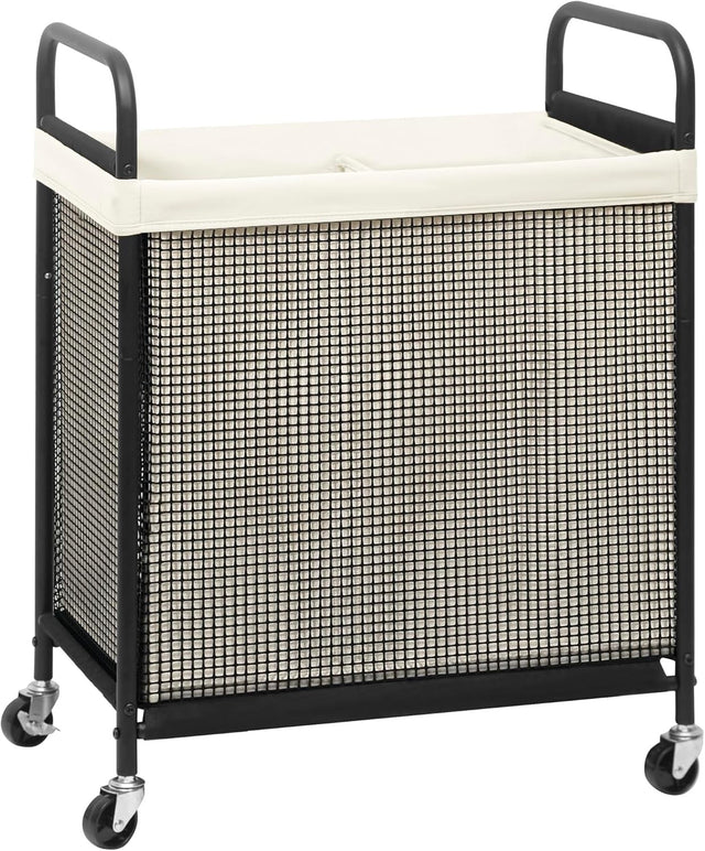 100L 2-Section Rolling Laundry Hamper | Removable Bags | Beige Laundry Cart Whee
