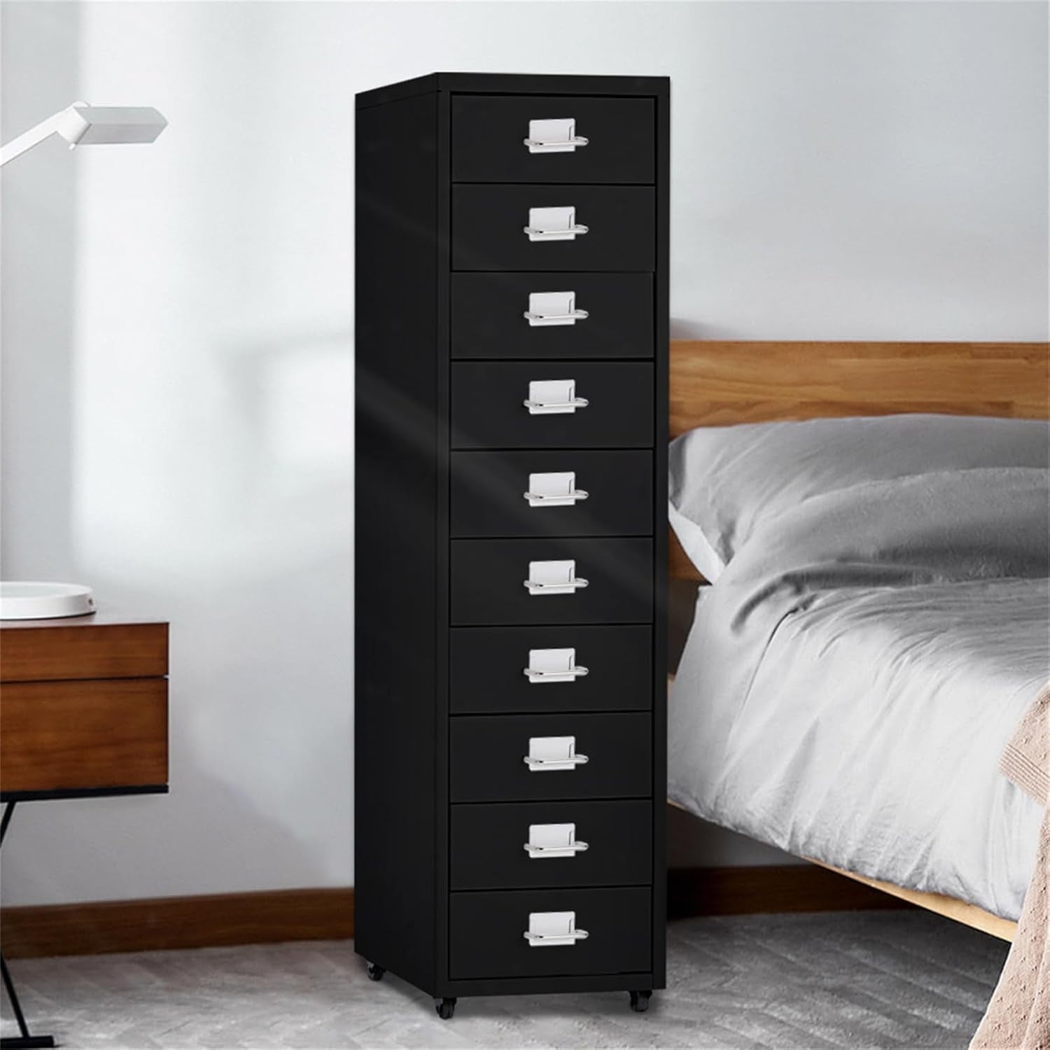 Black Mobile Filing Cabinet 8 Drawer 109cm Rolling Office Storage