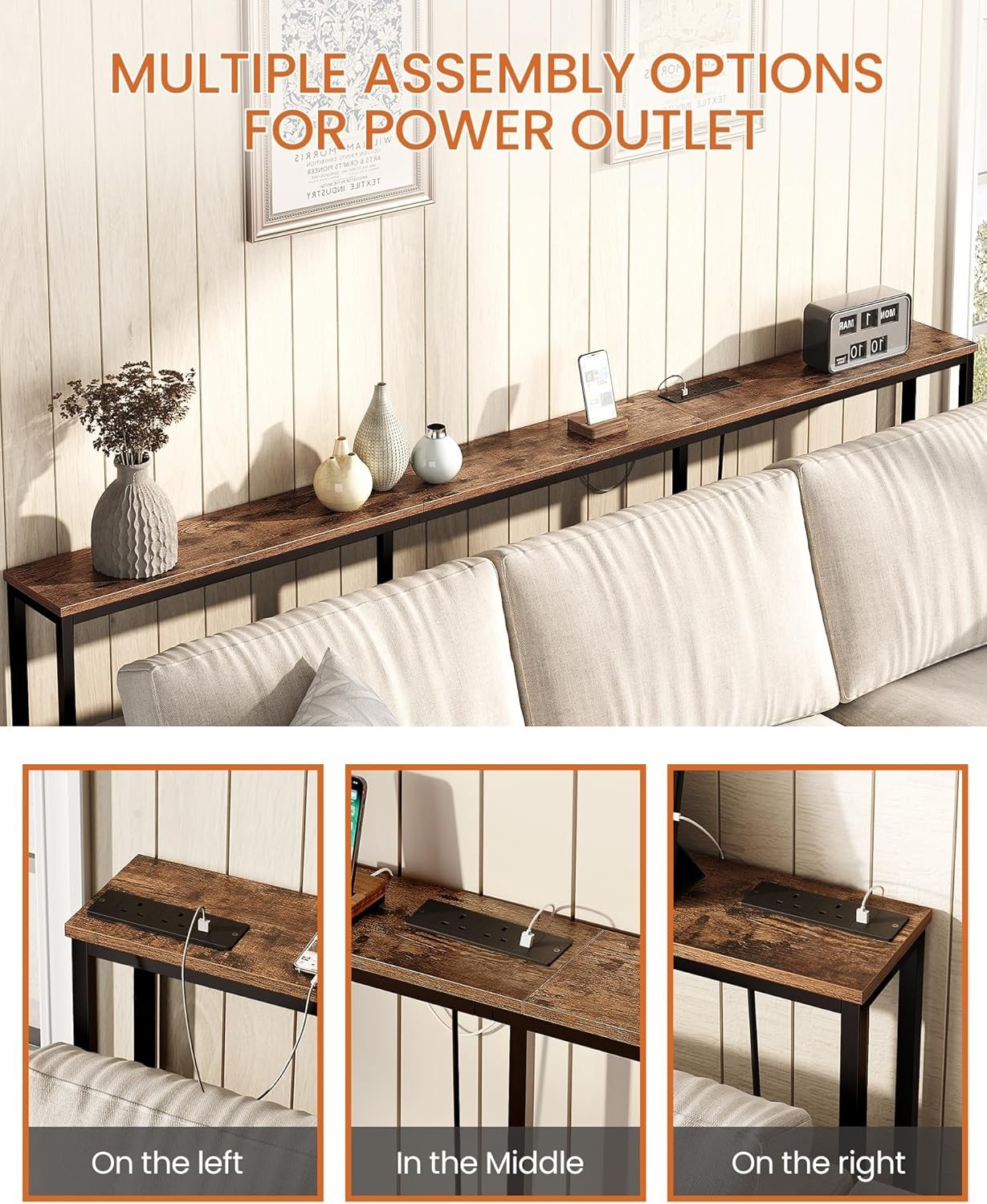 Slim Rustic Console Table with Power Outlet & USB Ports, 200x18x82cm
