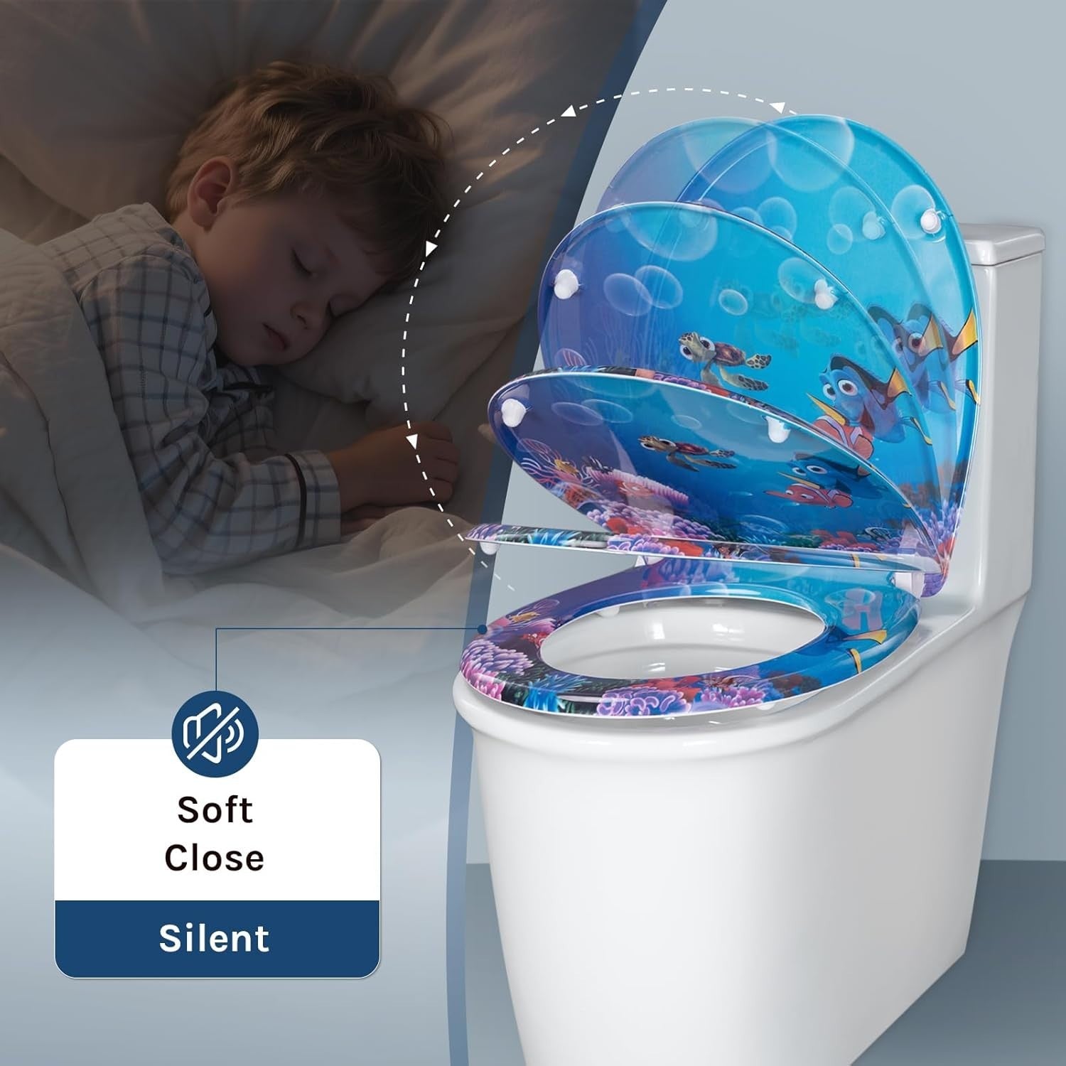Soft Close Toilet Seat Quick Release O-Shape Duroplast Ocean Fish 45x37cm