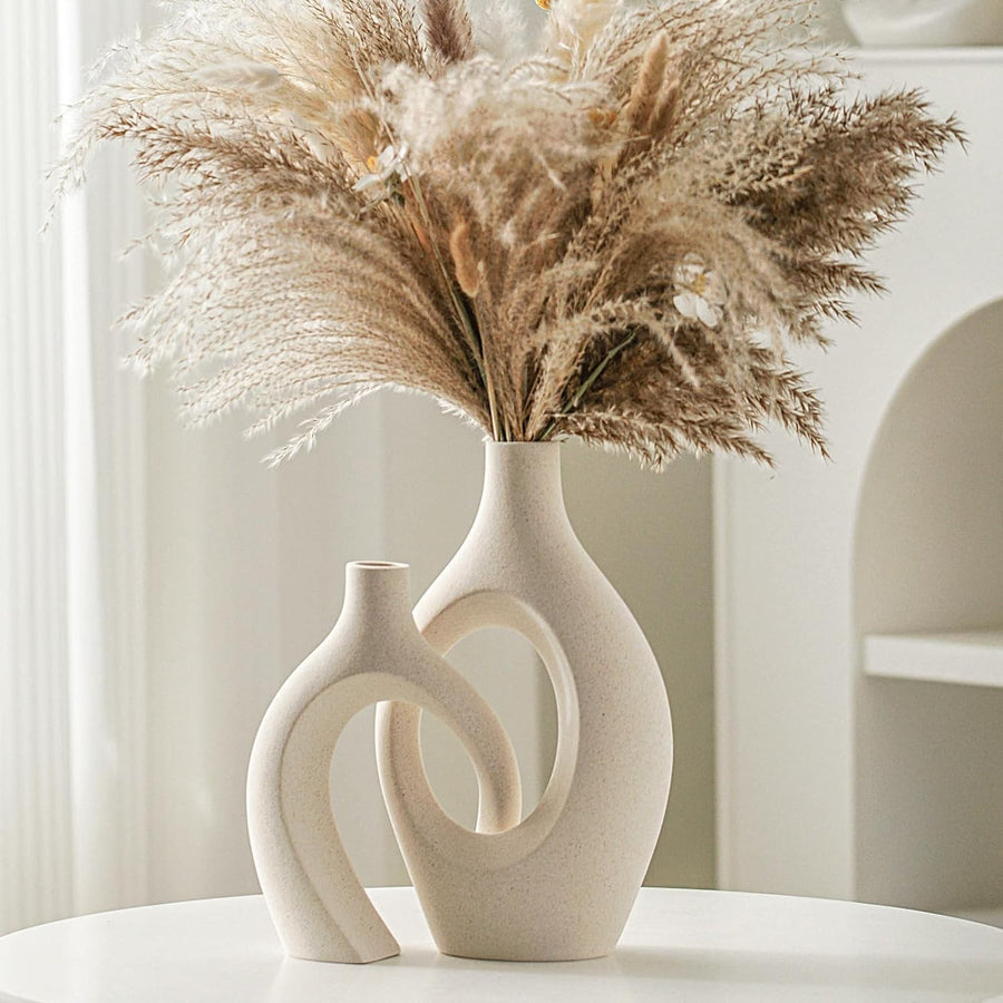 Beige Ceramic Vase Set of 2 Nordic Boho Pampas Grass Table Decor