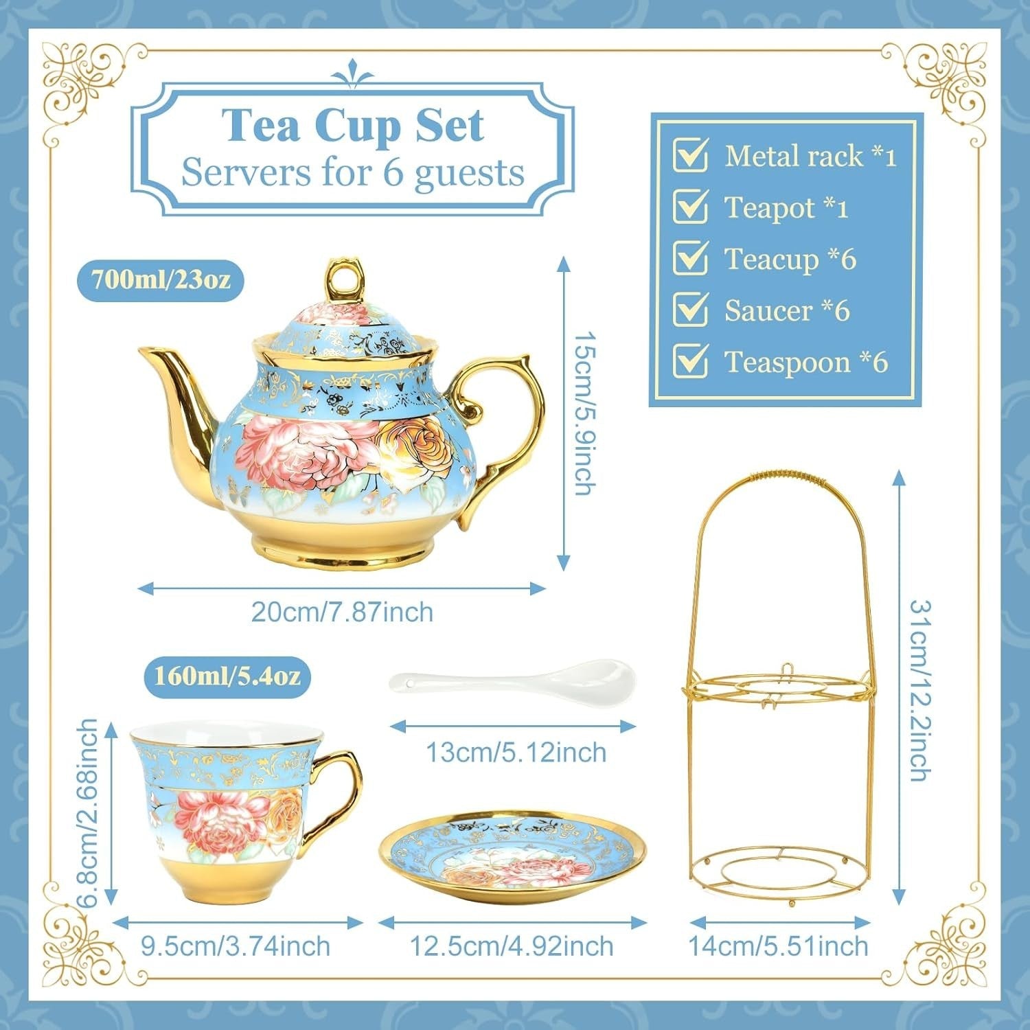 20Pc Porcelain Tea Set Blue Gold Floral Cups Saucers Teapot Stand Gift