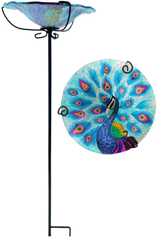 28" Peacock Glass Bird Bath Garden Stake – Metal Outdoor Bird Feeder Art