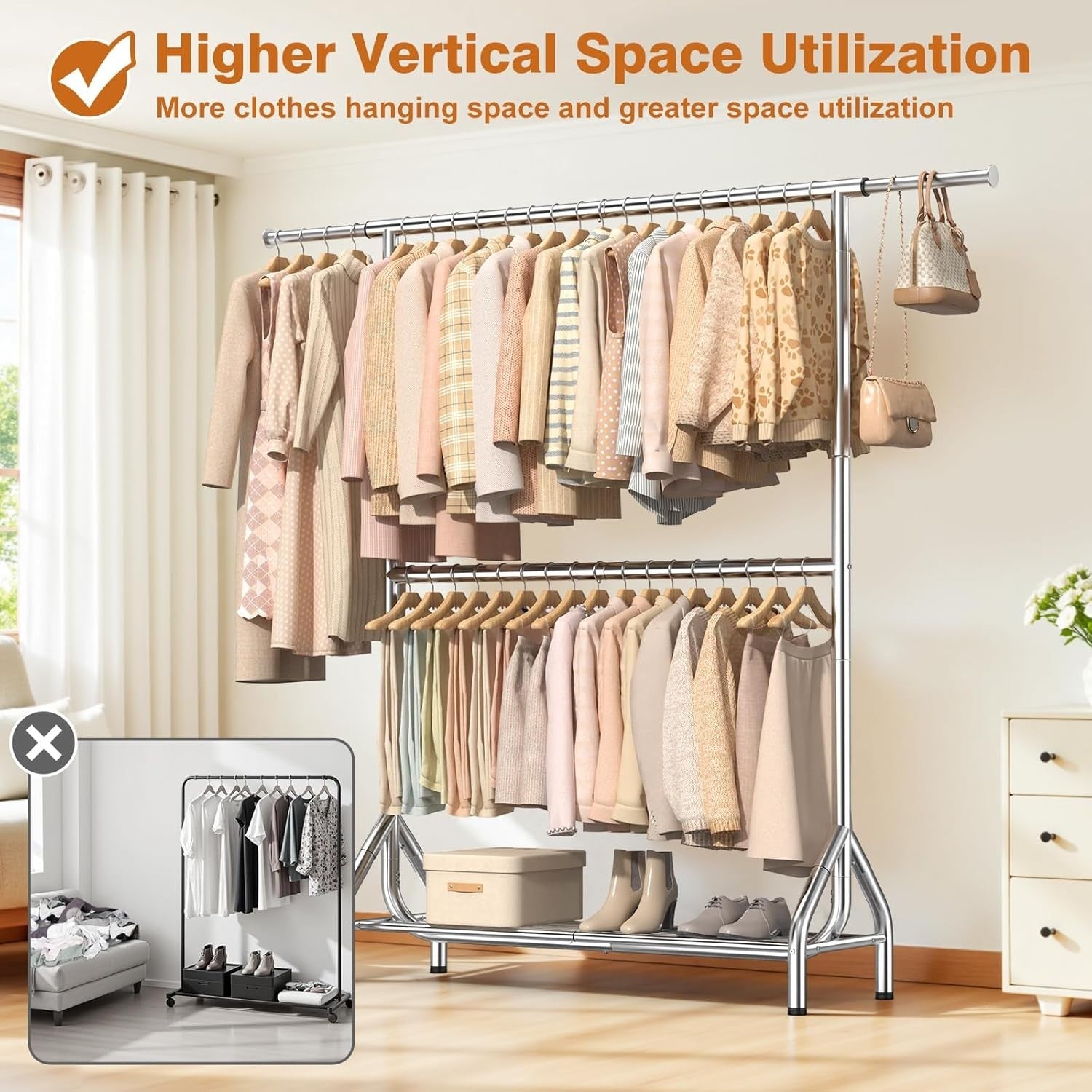 280KG Heavy Duty Double Clothes Rail with Shelves – Silver