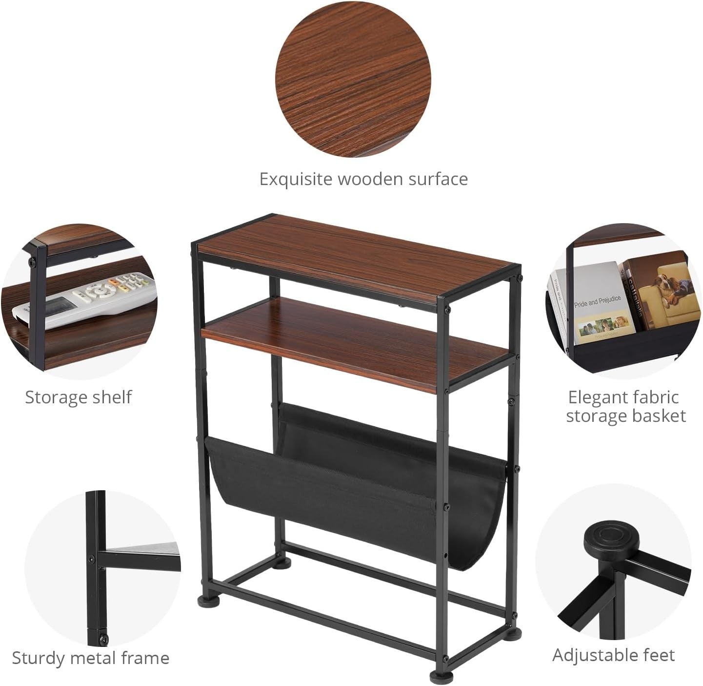 Slim Side Table for Small Spaces – Narrow End Table with Storage & Magazine Rack