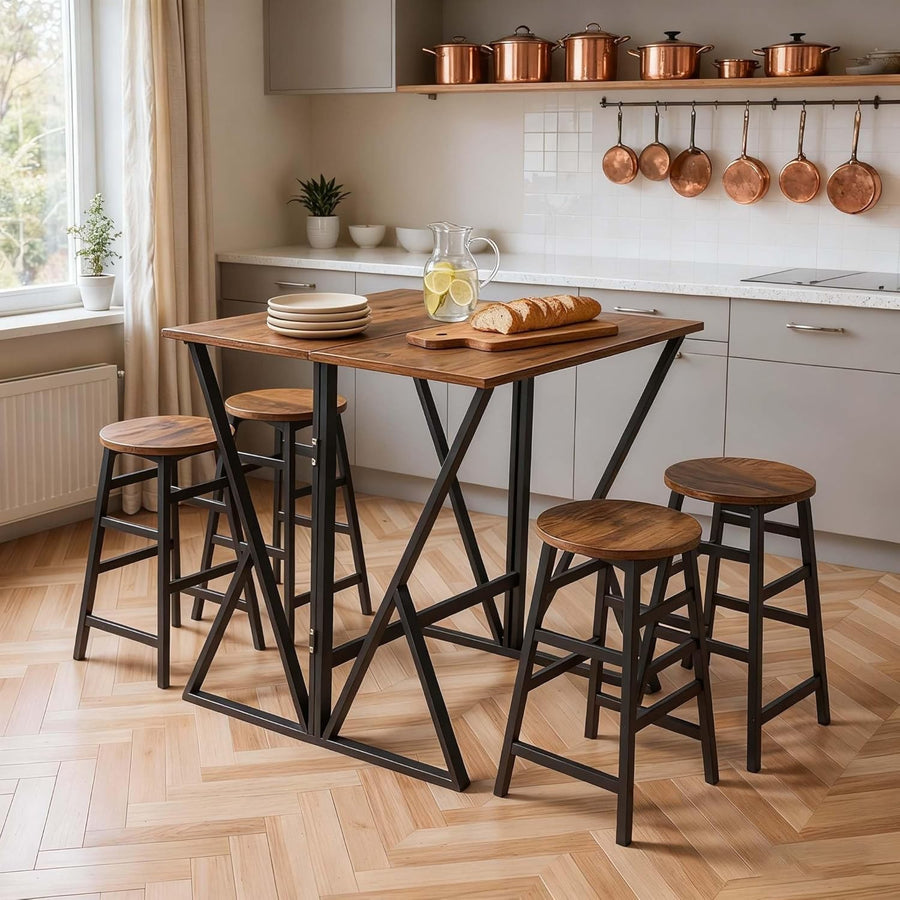 5-Piece Folding Breakfast Bar Table & 4 Stools Set – Vintage Brown Compact