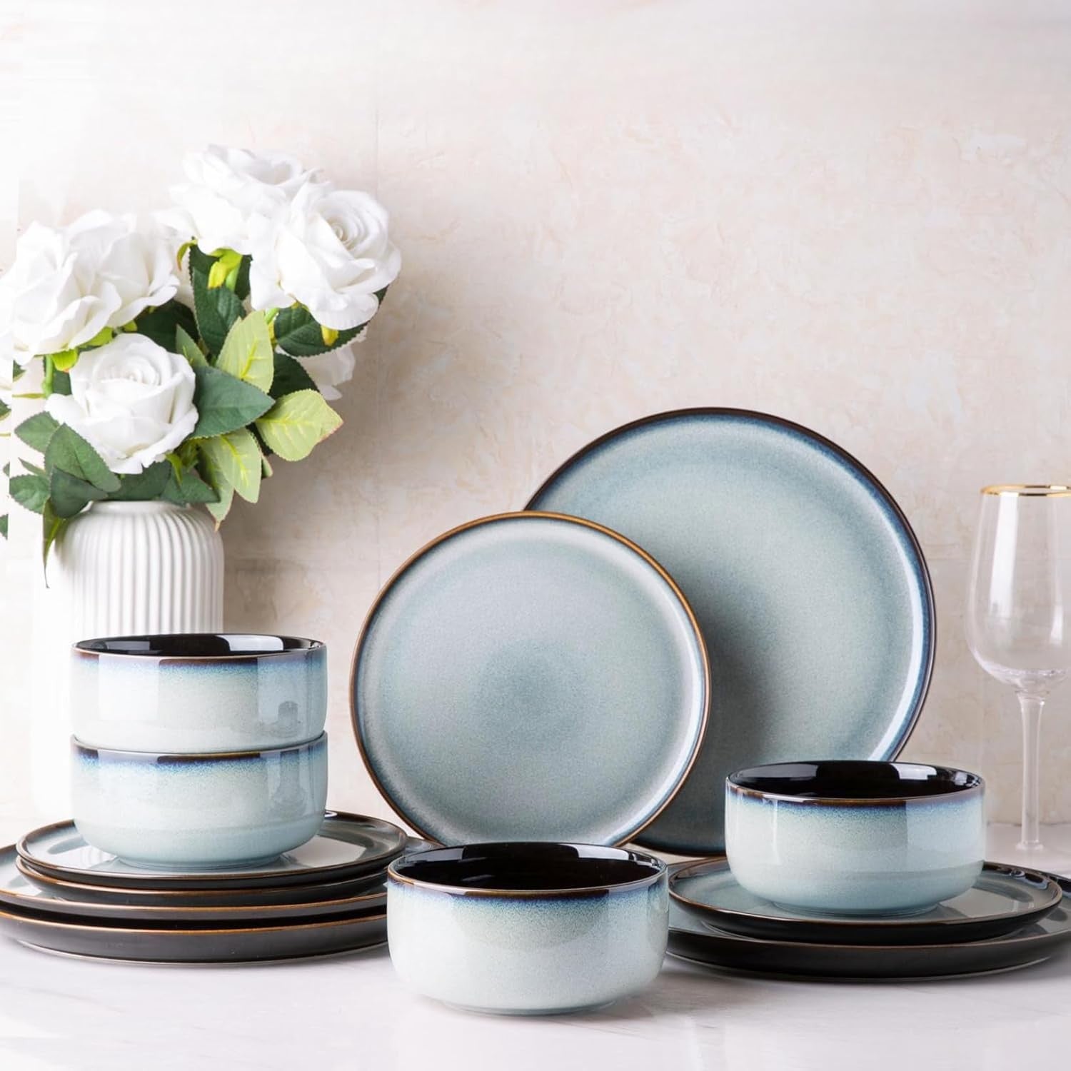 12pc Stoneware Dinner Set for 4 Scratch Resistant Plates Bowls Microwave Safe