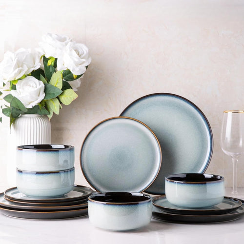 12pc Stoneware Dinner Set for 4 Scratch Resistant Plates Bowls Microwave Safe