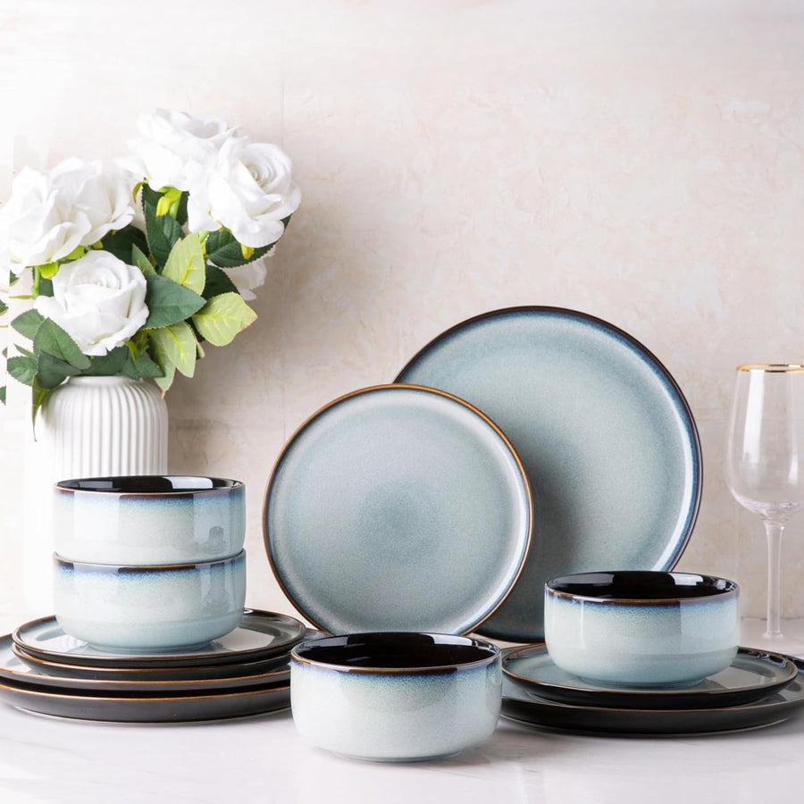 12pc Stoneware Dinner Set for 4 Scratch Resistant Plates Bowls Microwave Safe