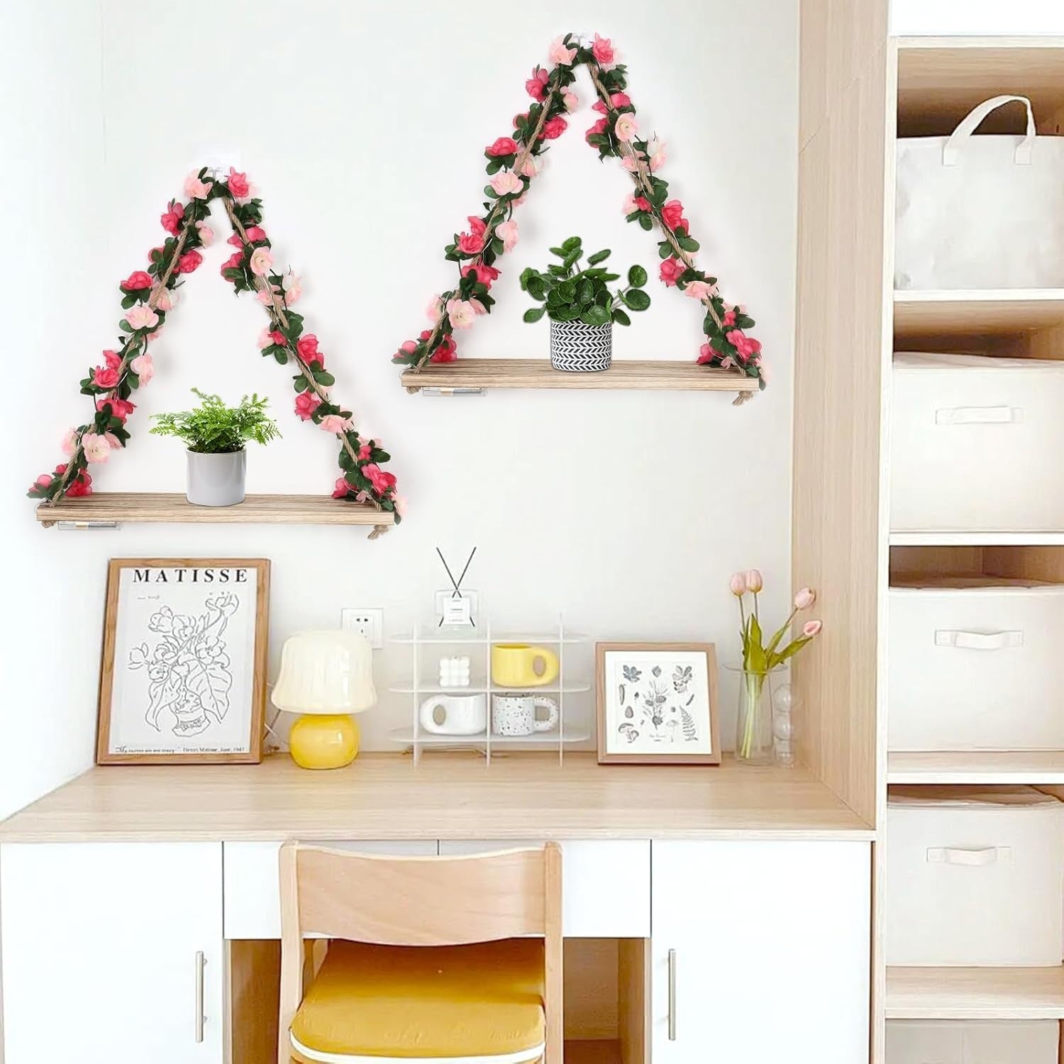 Boho Macrame Hanging Shelves LED Wall Decor Rustic Wood