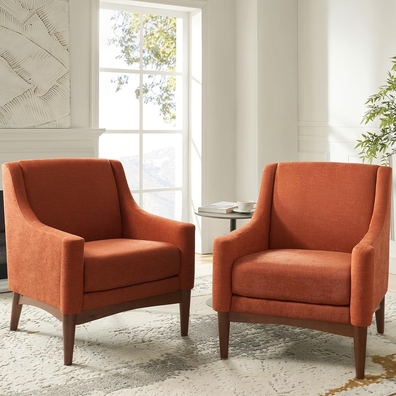 2x Orange Accent Armchairs Set Modern Lounge Chairs Upholstered for Living Room