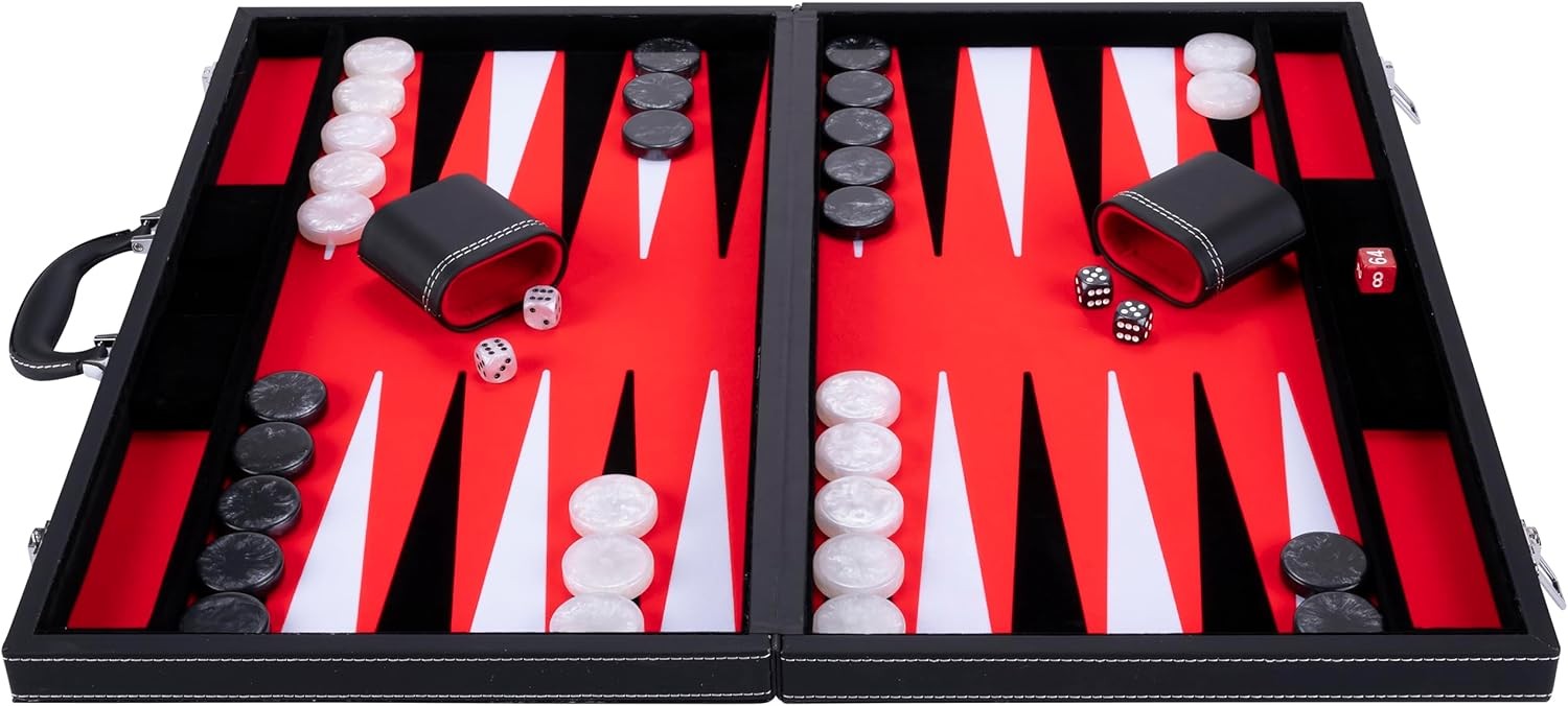 21 Inch Deluxe Backgammon Set Faux Leather Case Felt Interior Dice Cups