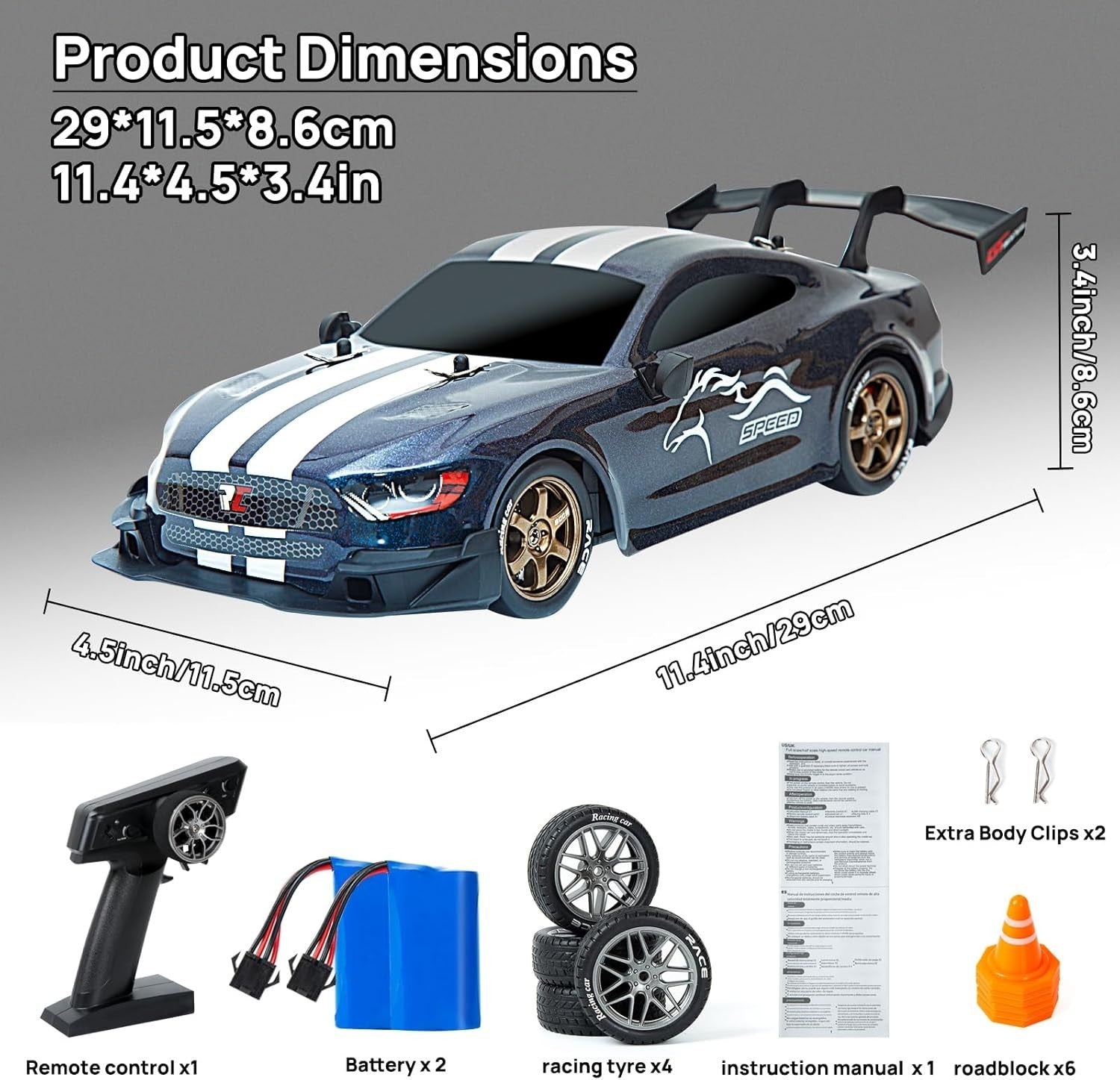 1:14 4WD RC Drift Car Pro Steering & Throttle w/ Gyro LED & 2 Batteries