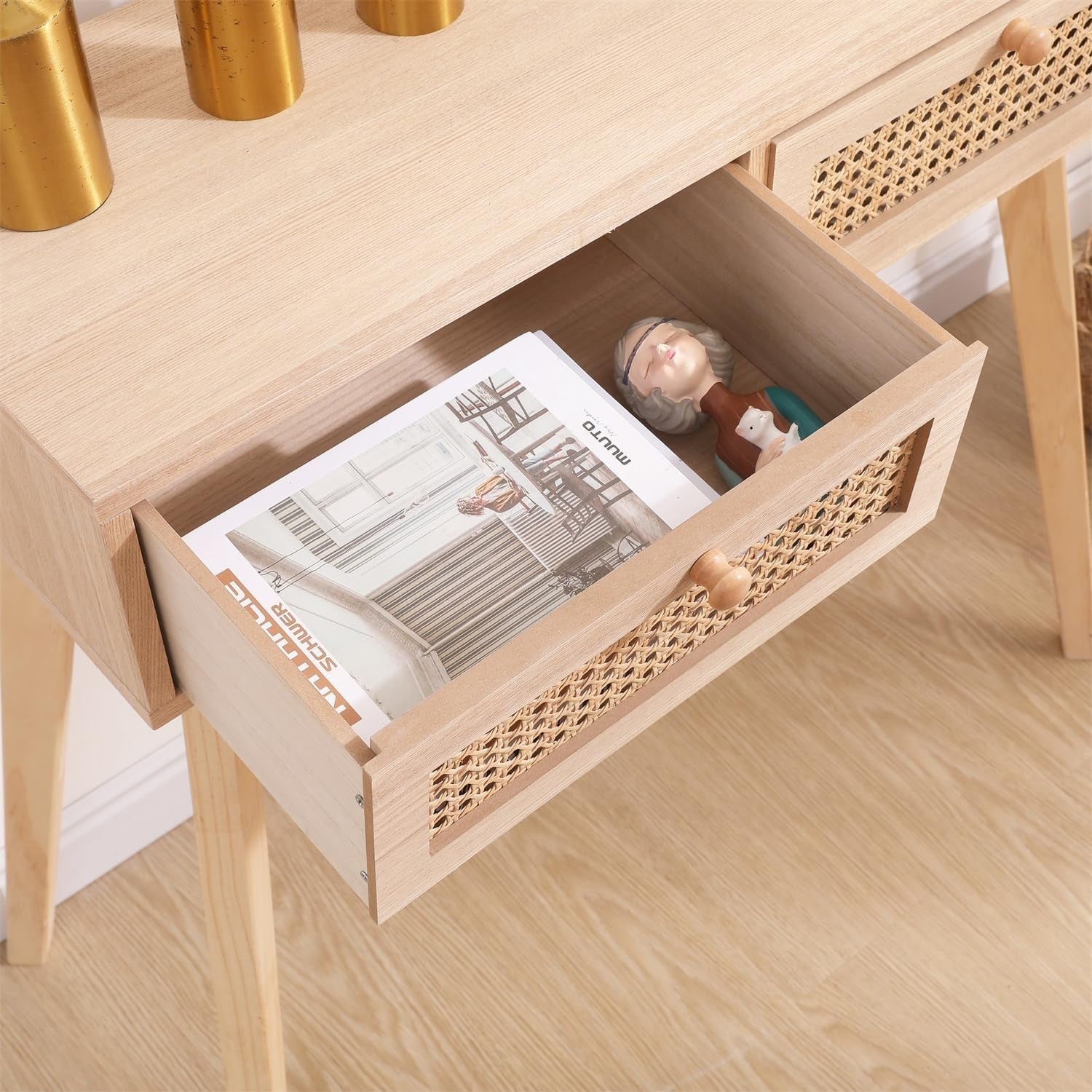 Stylish 2-Drawer Rattan Console Table 90cm Wide for Hallway & Bedroom