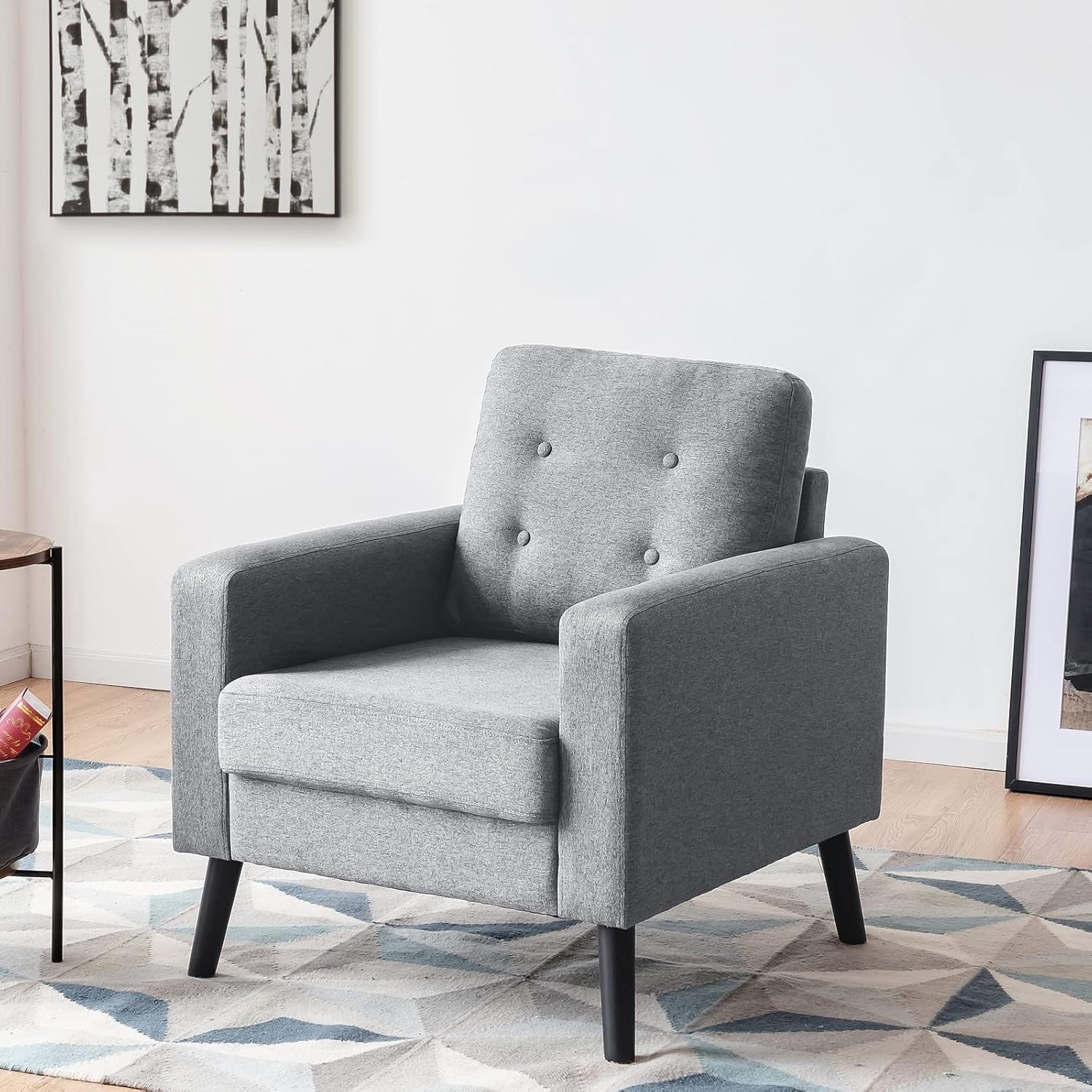 Grey Accent Armchair Button Tufted Linen Lounge Chair