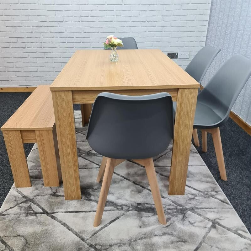 Oak Effect Dining Table Set with 4 Grey Chairs & Bench, 6 Seater Kitchen