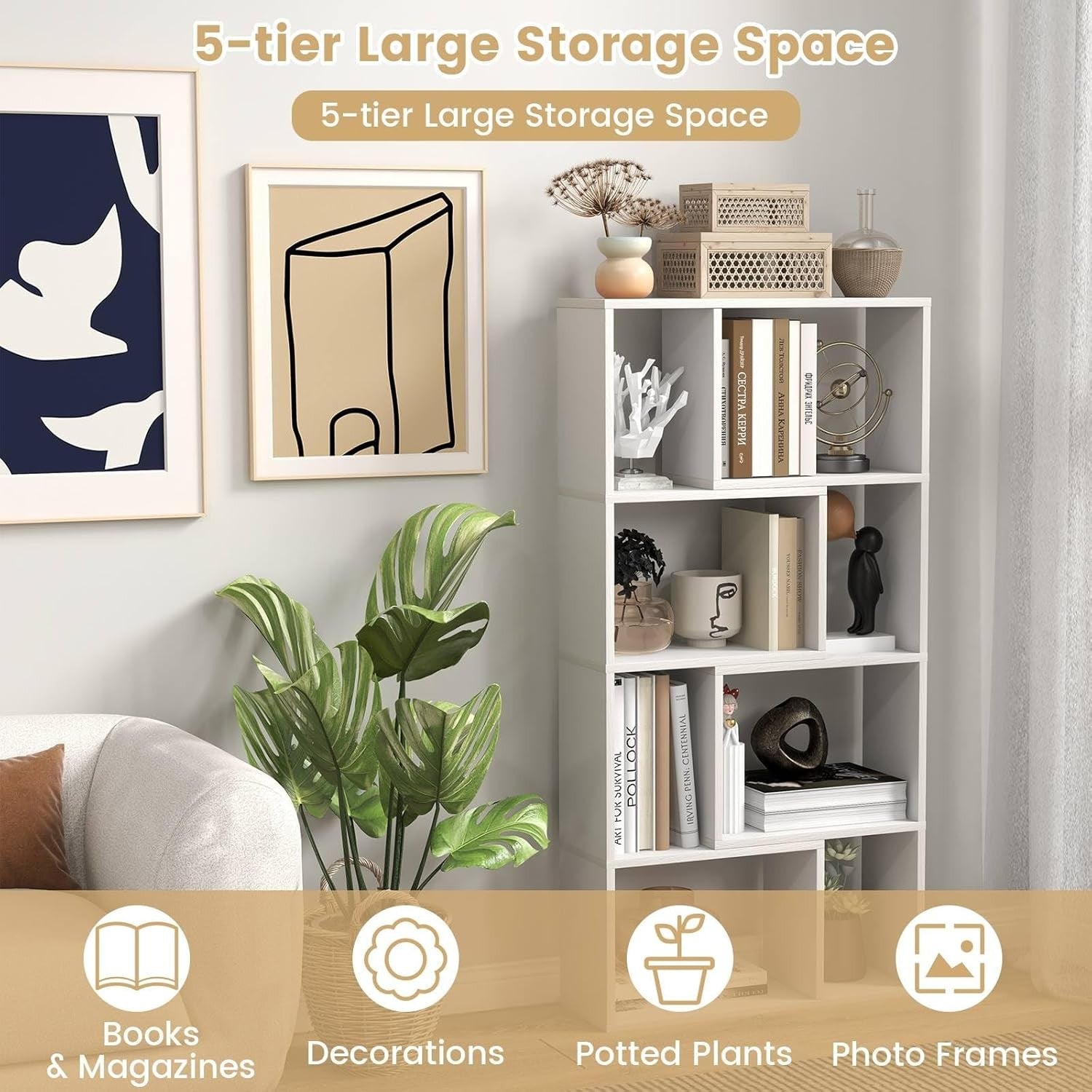 5-Tier White Geometric Bookcase Tall 8-Cube Modern Storage Shelf for Home Office