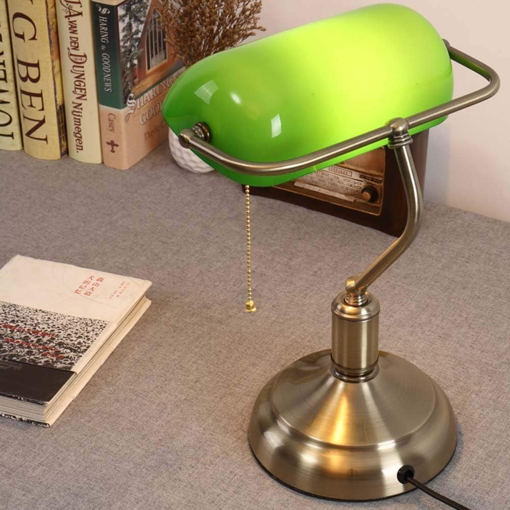Bankers Desk Lamp Green Glass Shade Brass Base Pull Switch LED