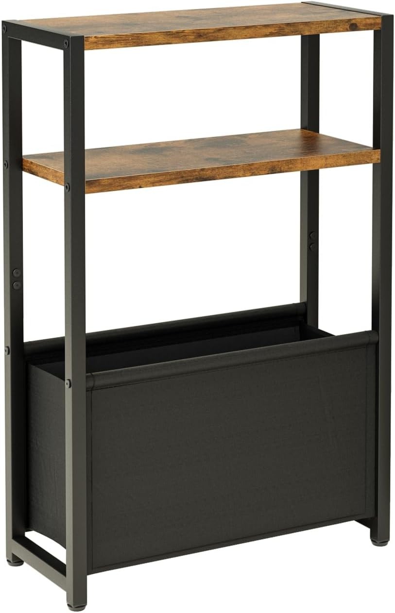 Slim Side Table with Storage Basket, Rustic Brown, Space-Saving Design