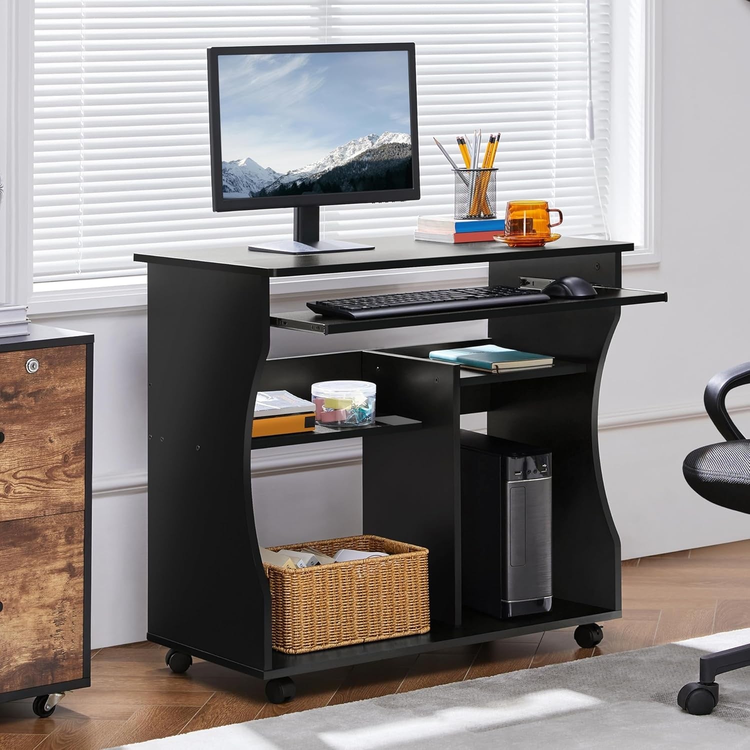 Compact Computer Desk on Wheels with Keyboard Tray Storage Shelves Small Office