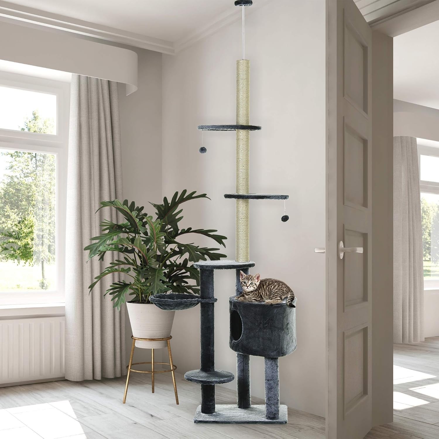 Tall Cat Tree Tower Adjustable 220–265cm 5 Tier Sisal Scratching Post