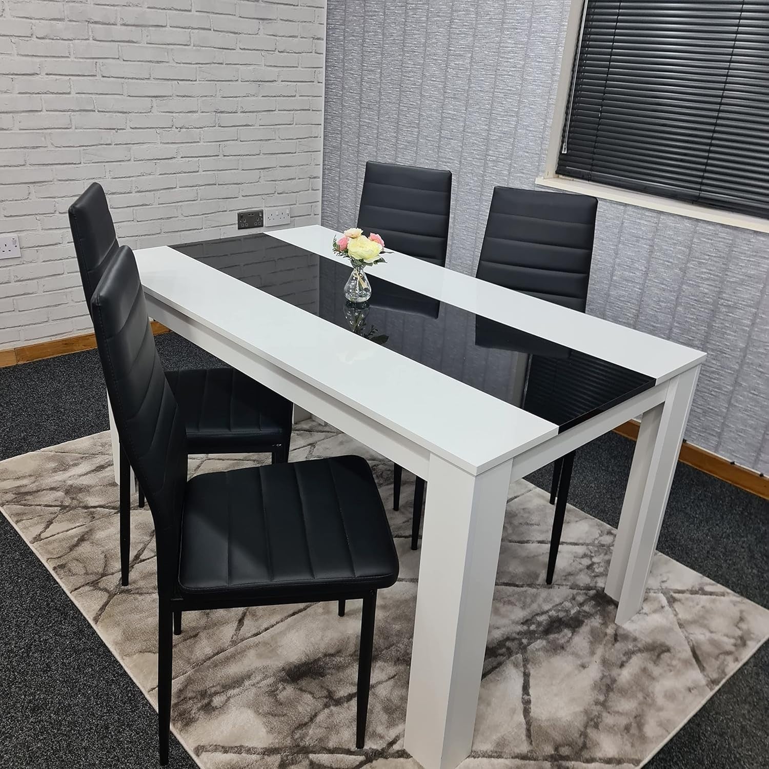 Modern White & Black Dining Table Set 4 Faux Leather Chairs Glossy Finish