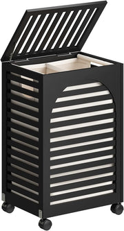 85L Black Bamboo Laundry Hamper on Wheels 2 Section Basket with Lid & Liner
