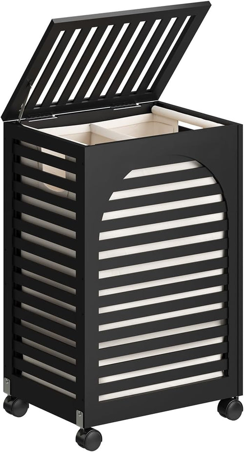 85L Black Bamboo Laundry Hamper on Wheels 2 Section Basket with Lid & Liner