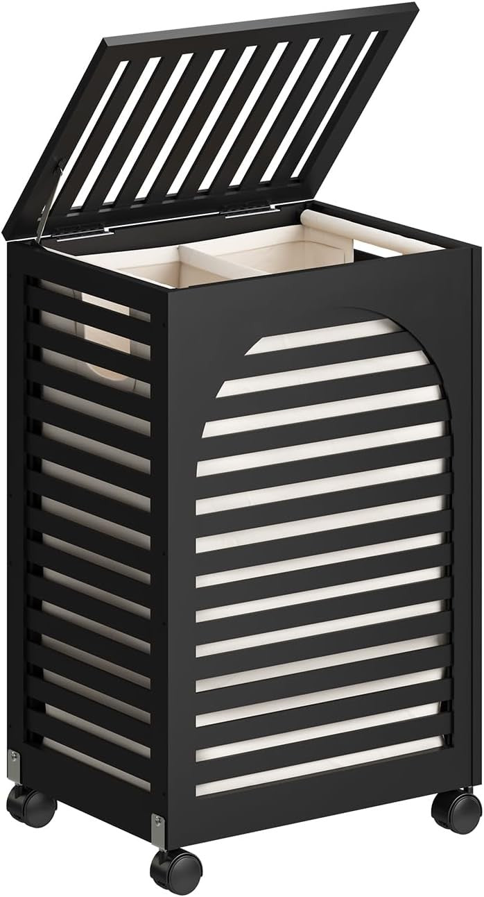 85L Black Bamboo Laundry Hamper on Wheels 2 Section Basket with Lid & Liner