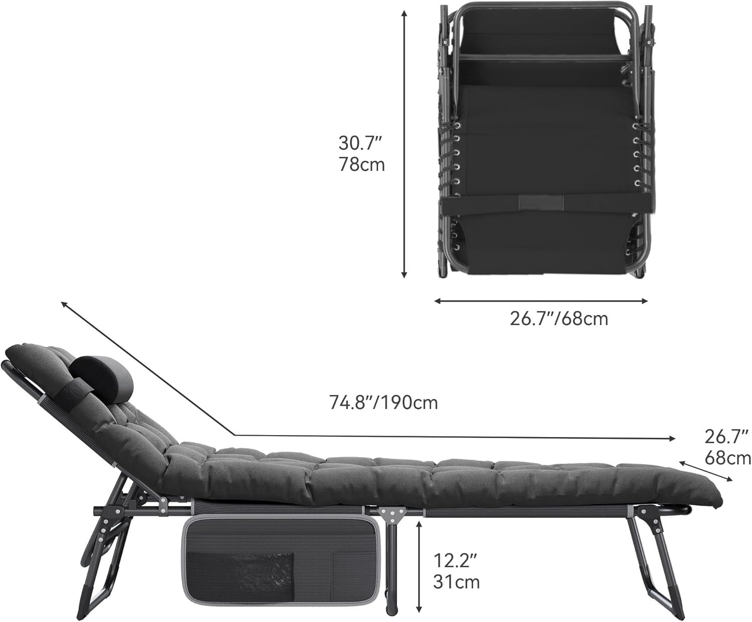 Folding Sun Lounger Recliner Bed w/ Cushion, 5-Position, Garden Camping