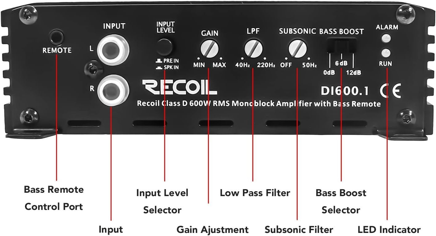 DI600.1 Class-D Mono Subwoofer Amplifier 1200W Max 1/2/4Ω Remote Bass Knob