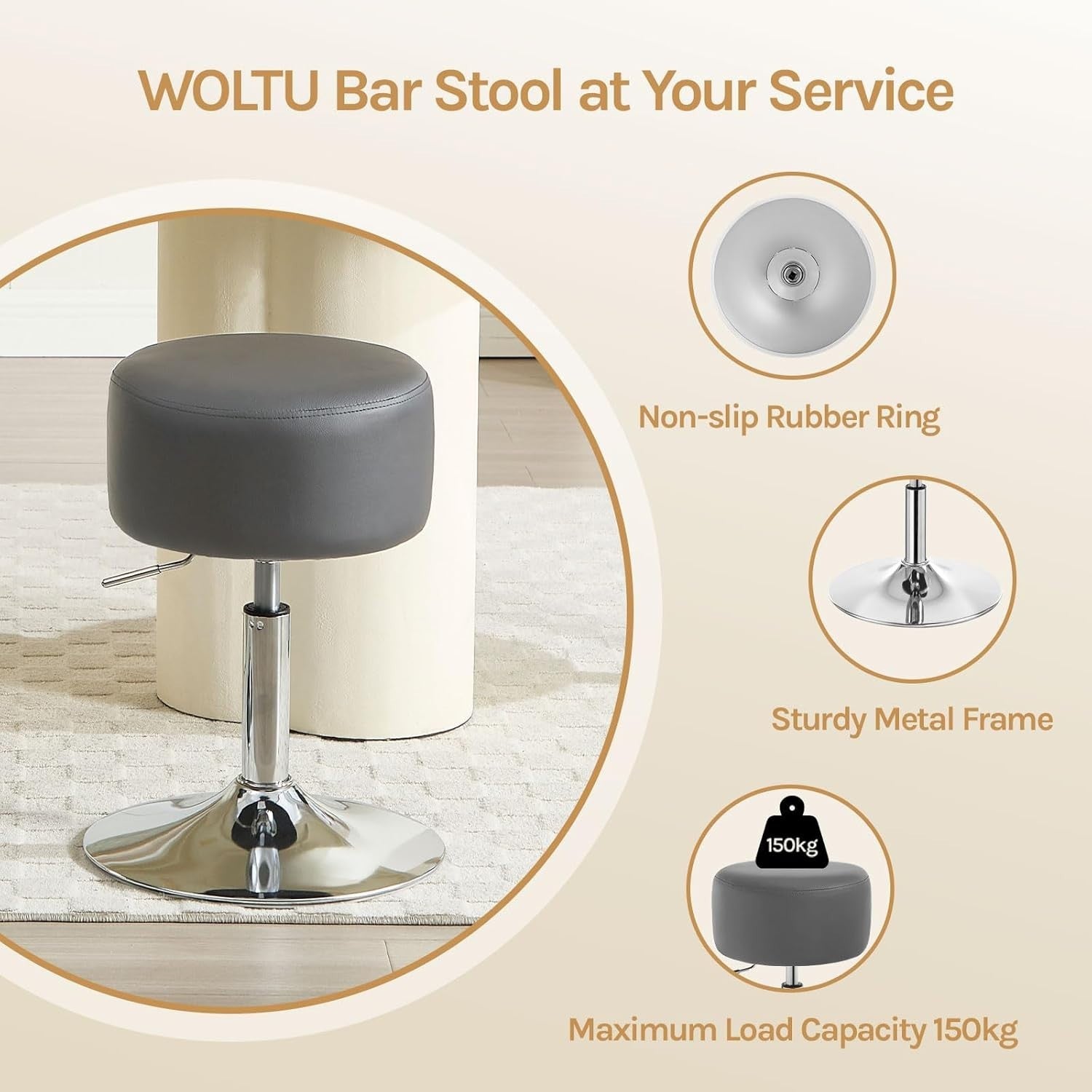 Set of 2 Grey Faux Leather Swivel Bar Stools Height Adjustable Counter Seats