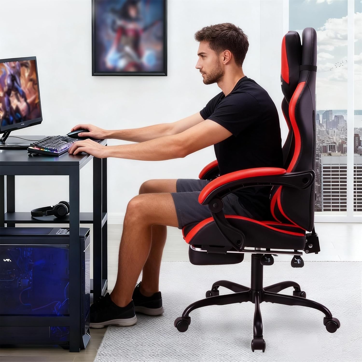 Reclining Gaming Chair with Footrest Ergonomic PU Leather Red