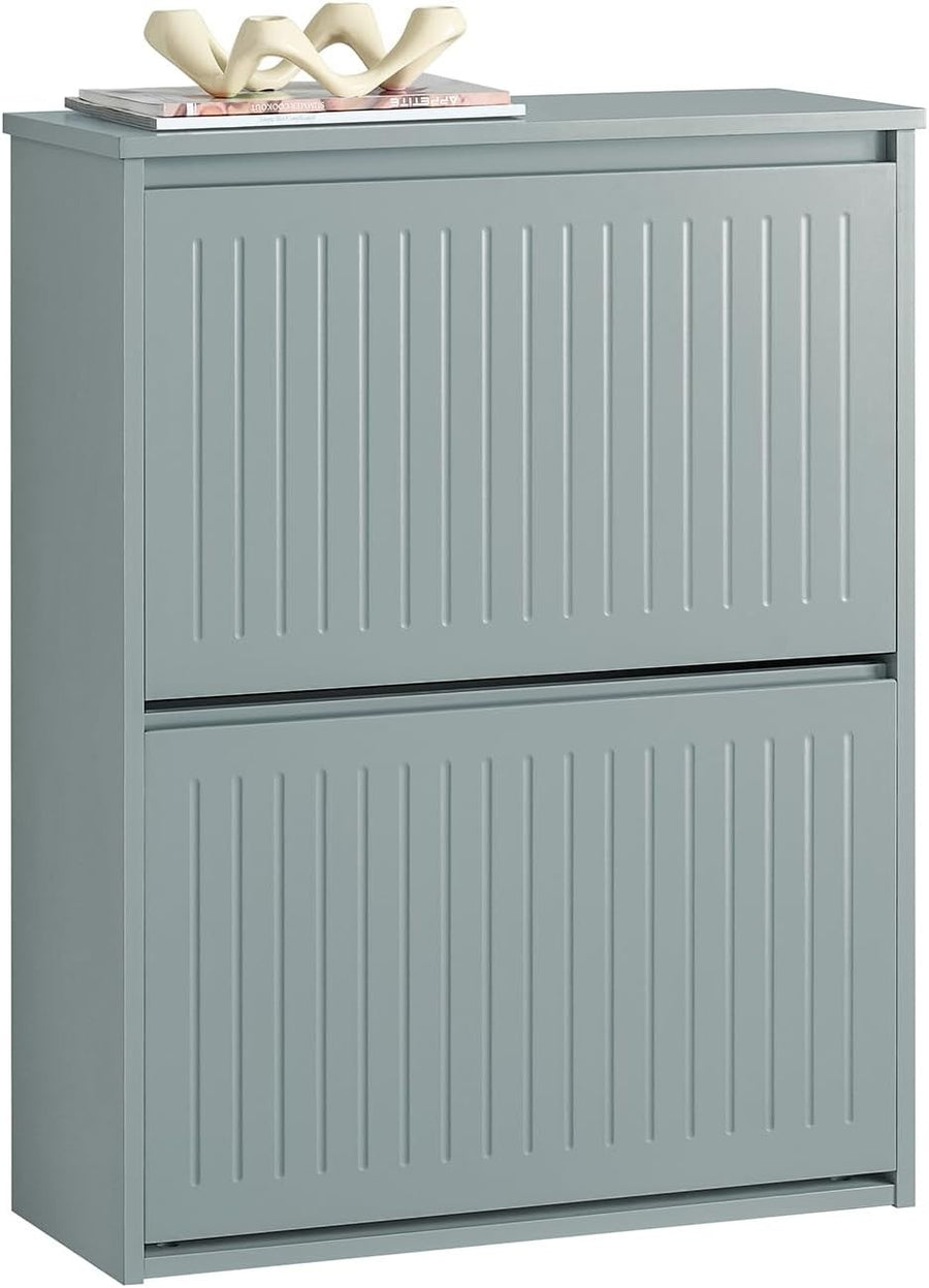 Slim Shoe Storage Cabinet Grey – 2 Flip Drawers Narrow Hallway Cupboard MDF