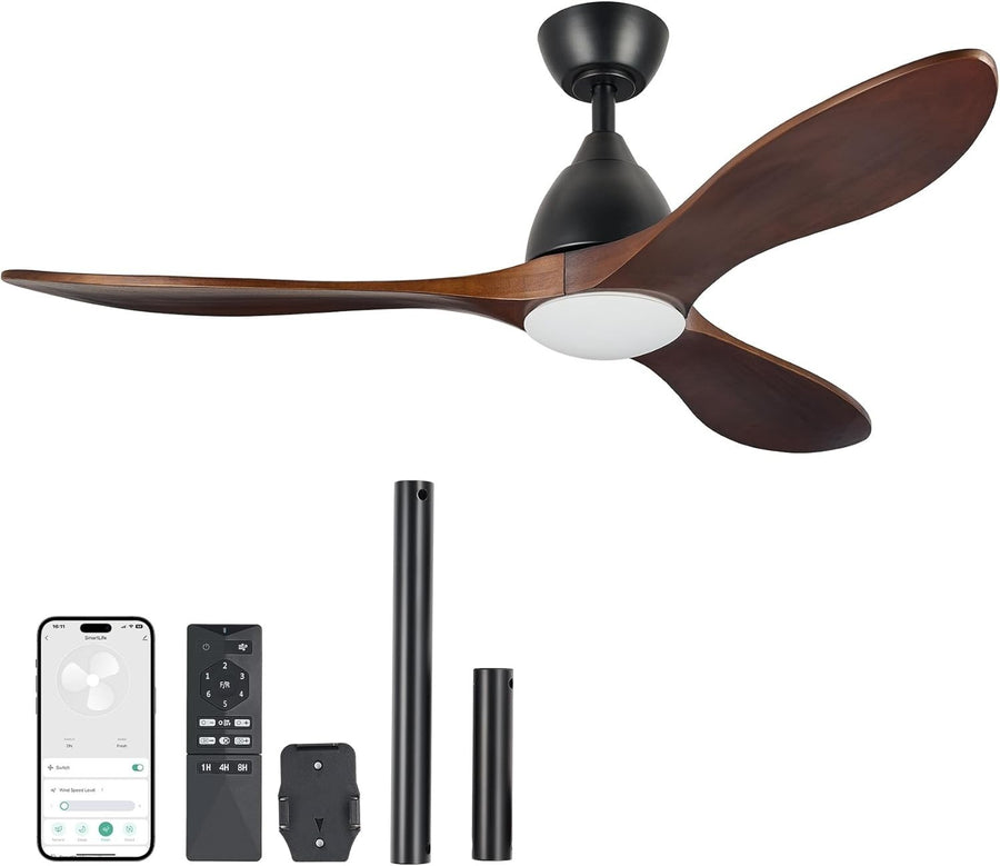 52" Smart Wood Ceiling Fan with Light, 6-Speed, Remote, Walnut