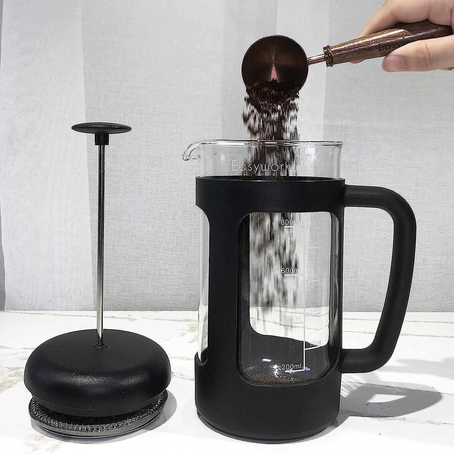 French Press Coffee Maker 1000ml Borosilicate Glass Heat-Resistant Soft-Grip